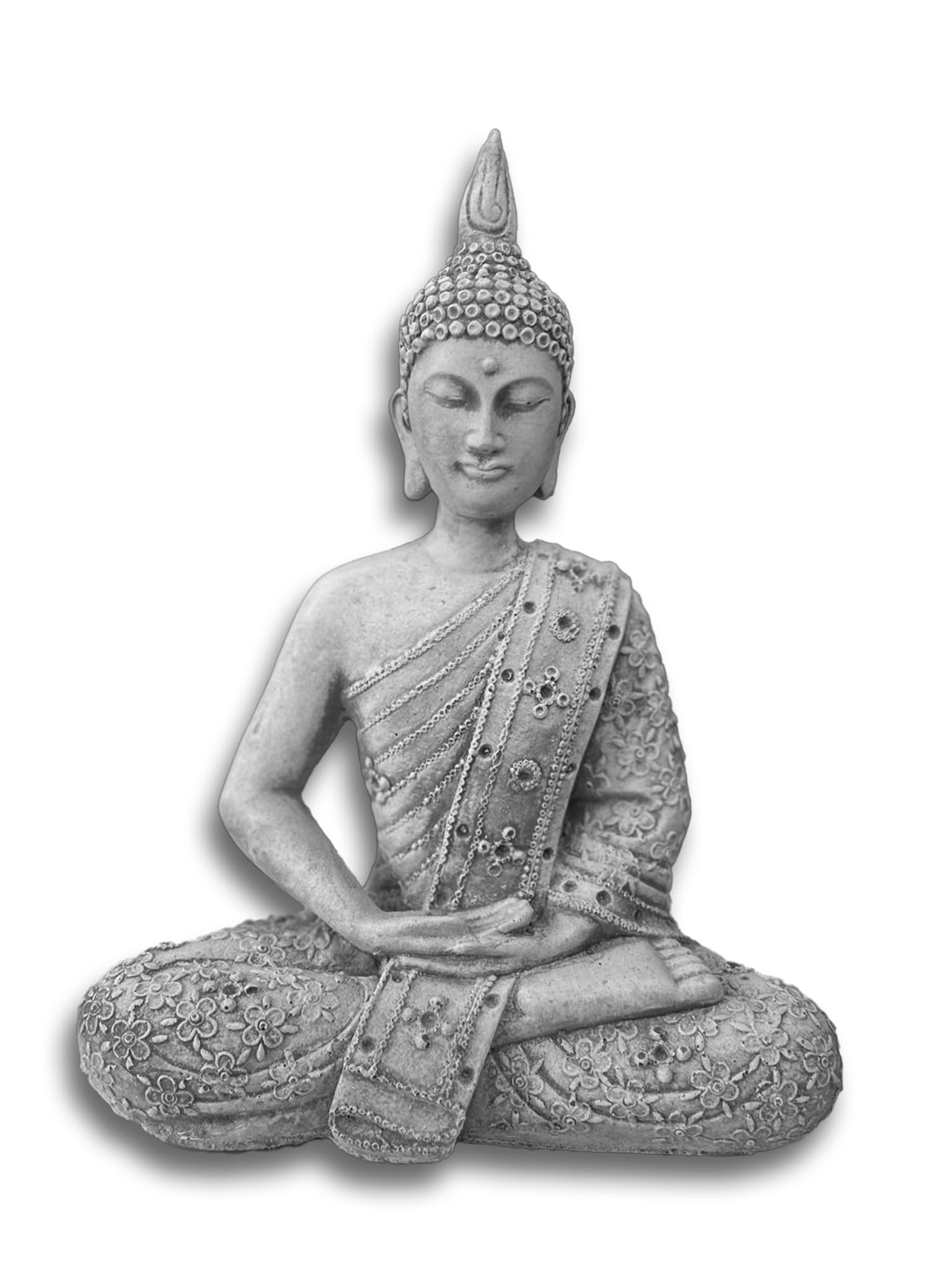 FABRIQ Budda Figur, Thai Buddha Statue Steinguss, drinnen und draußen, grau, wetterfest, massiv L:15 cm W:25 cm H: 30cm Gewicht: 3kg