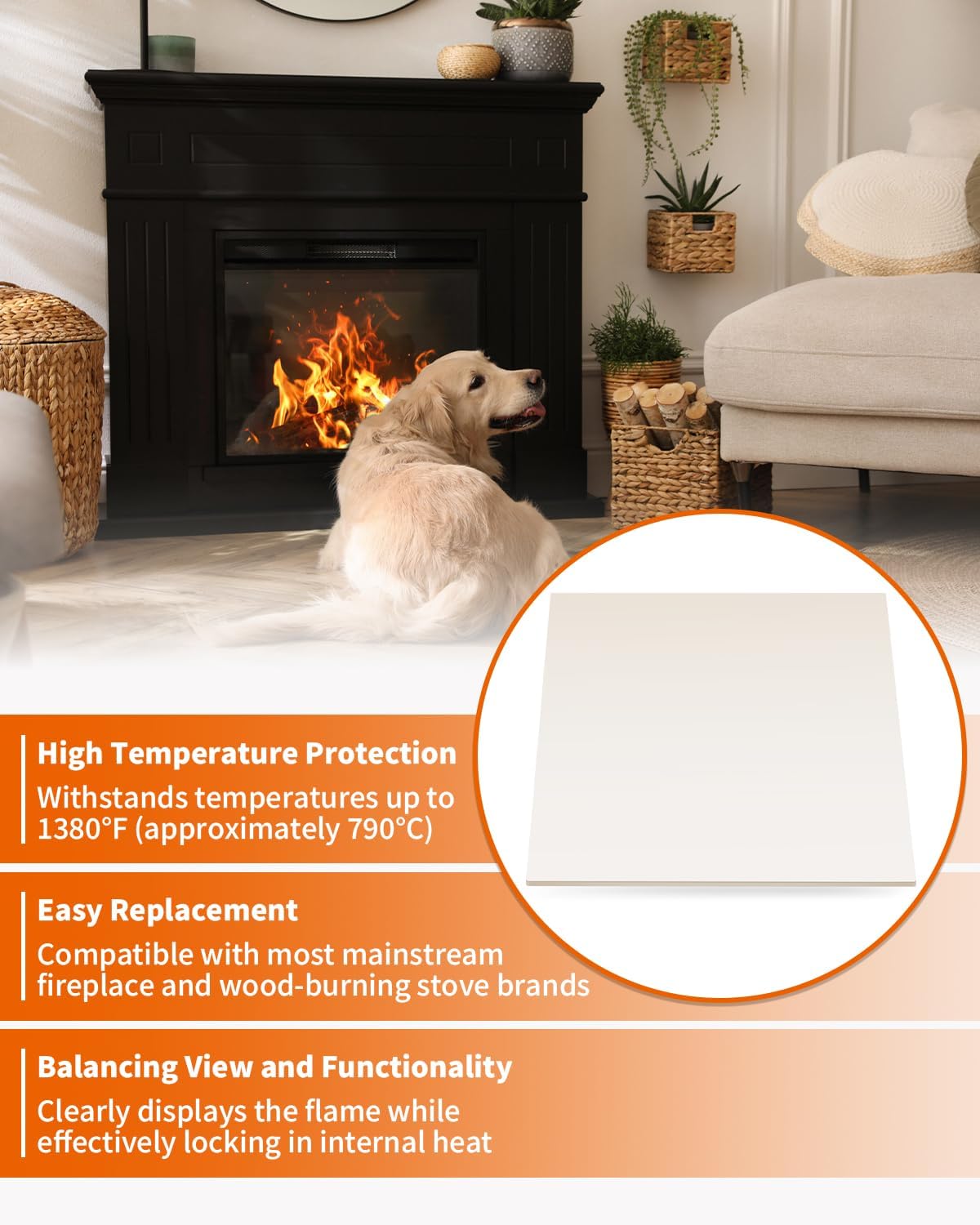 High-Temperature Ceramic Glass 9” x 9”, 1380°F Rated, 3/16" Thick Wood Stove Replacement Panel for Fireplace Inserts, Pellet Stoves, and Wood Burning Stove Doors