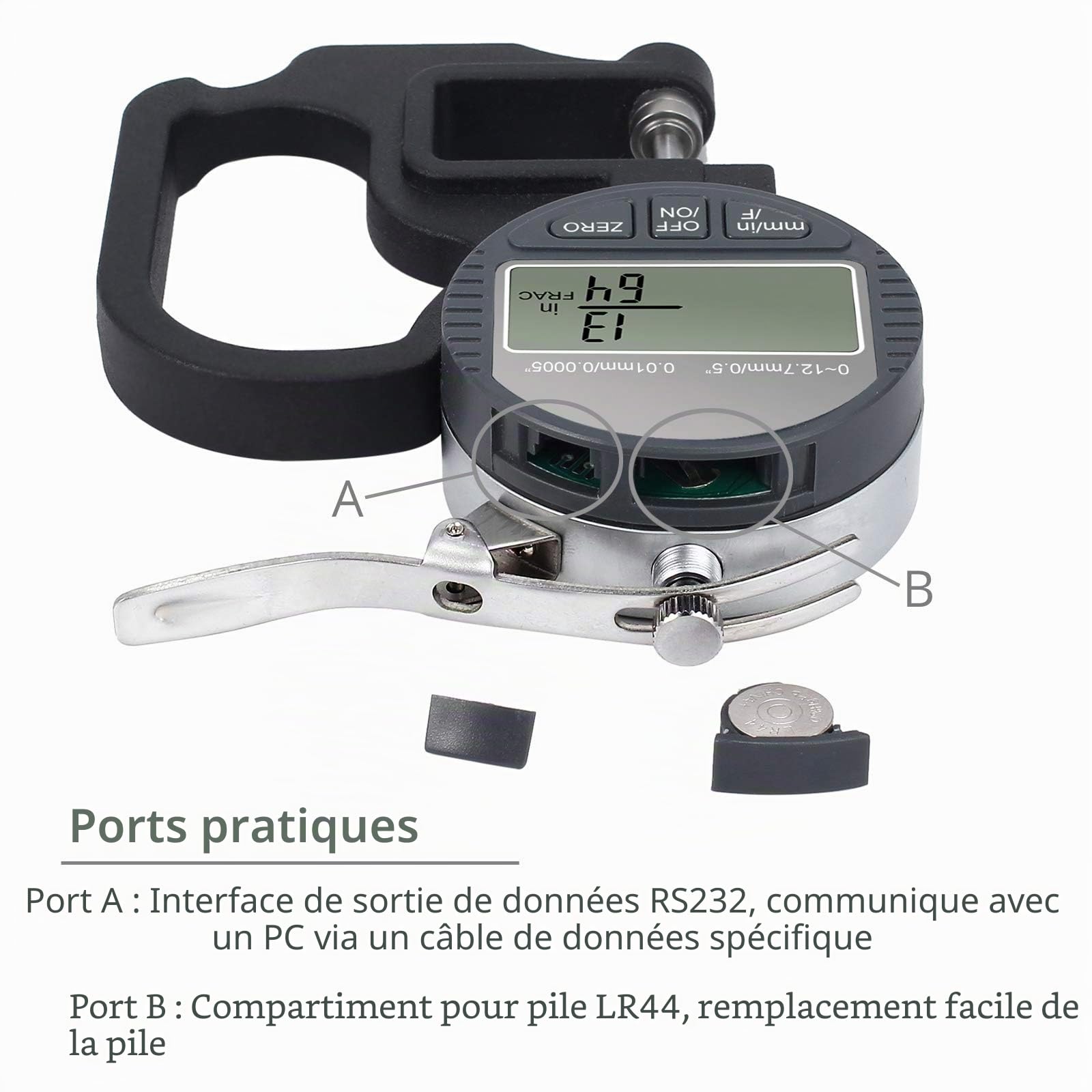 Neoteck Jauge d’Epaisseur Numérique Mesure Thickness Digital 0-12.7 mm,0.01mm/0.0005"/1/128"Micromètre Eléctrique Mm/Pouce/Fraction Pourcentage Affichage LCD à Cristaux Liquides Tissu Cuir Papier