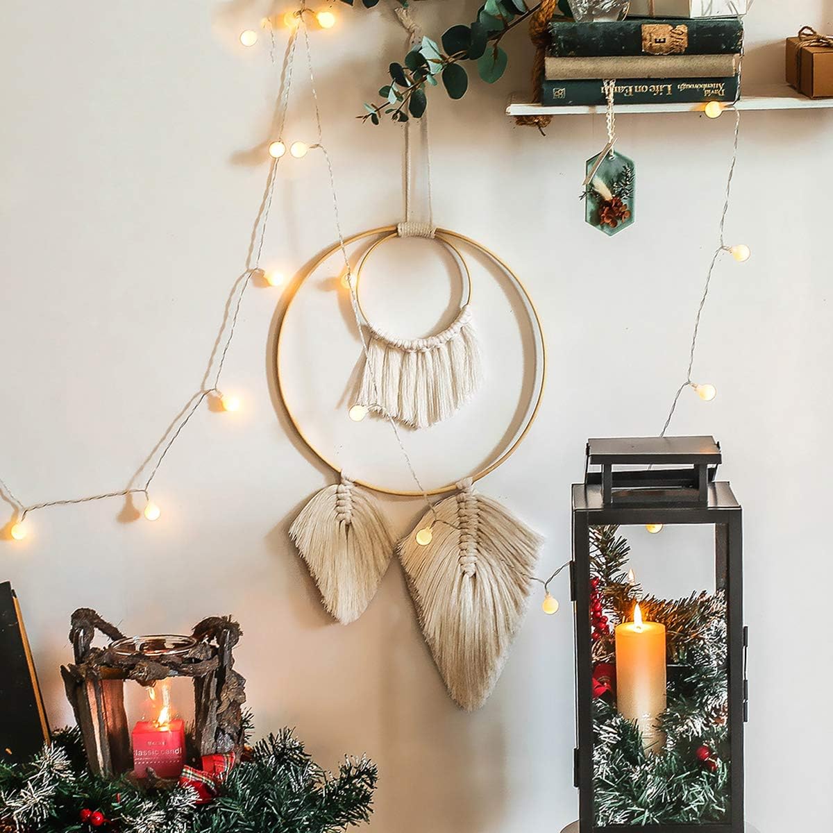 AWAYTR Macrame Dream Catcher Decor - Boho Moon Star Handmade Woven Tassel Home Bedroom Wedding Wall Hanging Decor (Woven Feather Leaf)