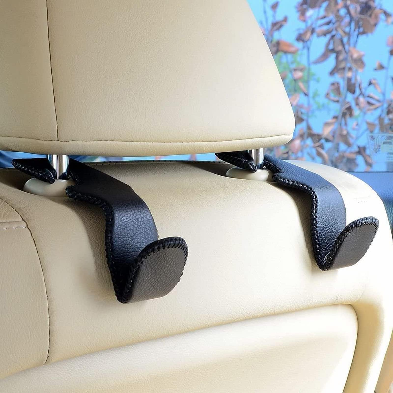 Car Seat Headrest Hooks PU Leather Vehicle Car Seat Back Organizer Hanger Holder Hook Storage for Bag Purse Grocery (Black Pack of 2)