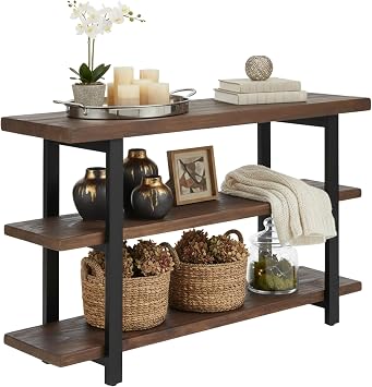 Alaterre Furniture Pomona 3-Tier Solid Wood Media Console Table with 2 Open Shelves and Metal Legs - Rustic Industrial Farmhouse TV Stand and Storage Console Rustic Brown