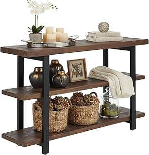 Alaterre Furniture Pomona Living Room Collection – 3-Tier Solid Wood Media Console Table with 2 Open Shelves and Metal Legs - Rustic Industrial Farmhouse TV Stand and Storage Console (Rustic Brown)