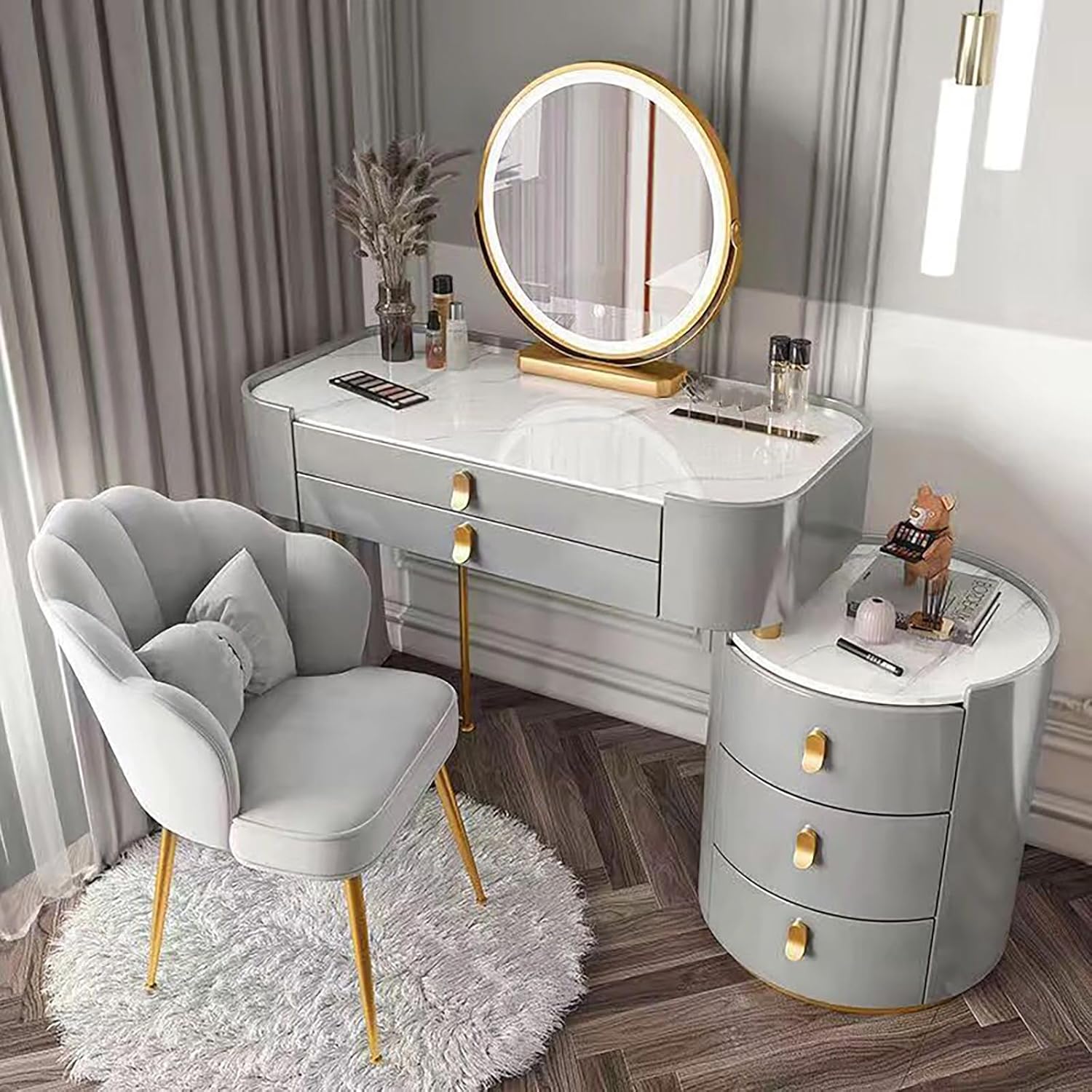 Makeup Vanity Desk with Lighted Mirror and Marble Top Vanity Table Set with 2 Large Drawers Marble Rock Slab Tabletop 3 Color Lighting Modes Ideal for Girls Grey 100Cm,Grey,80CM