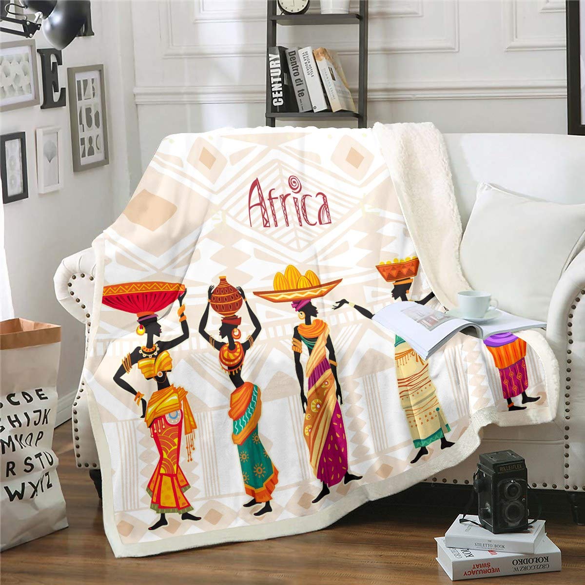 Loussiesd African Woman Themed Fleece Sherpa Plush Throw Blanket - Colorful African Pattern, Fuzzy, Traditional Exotic Stripe - 60"x79"