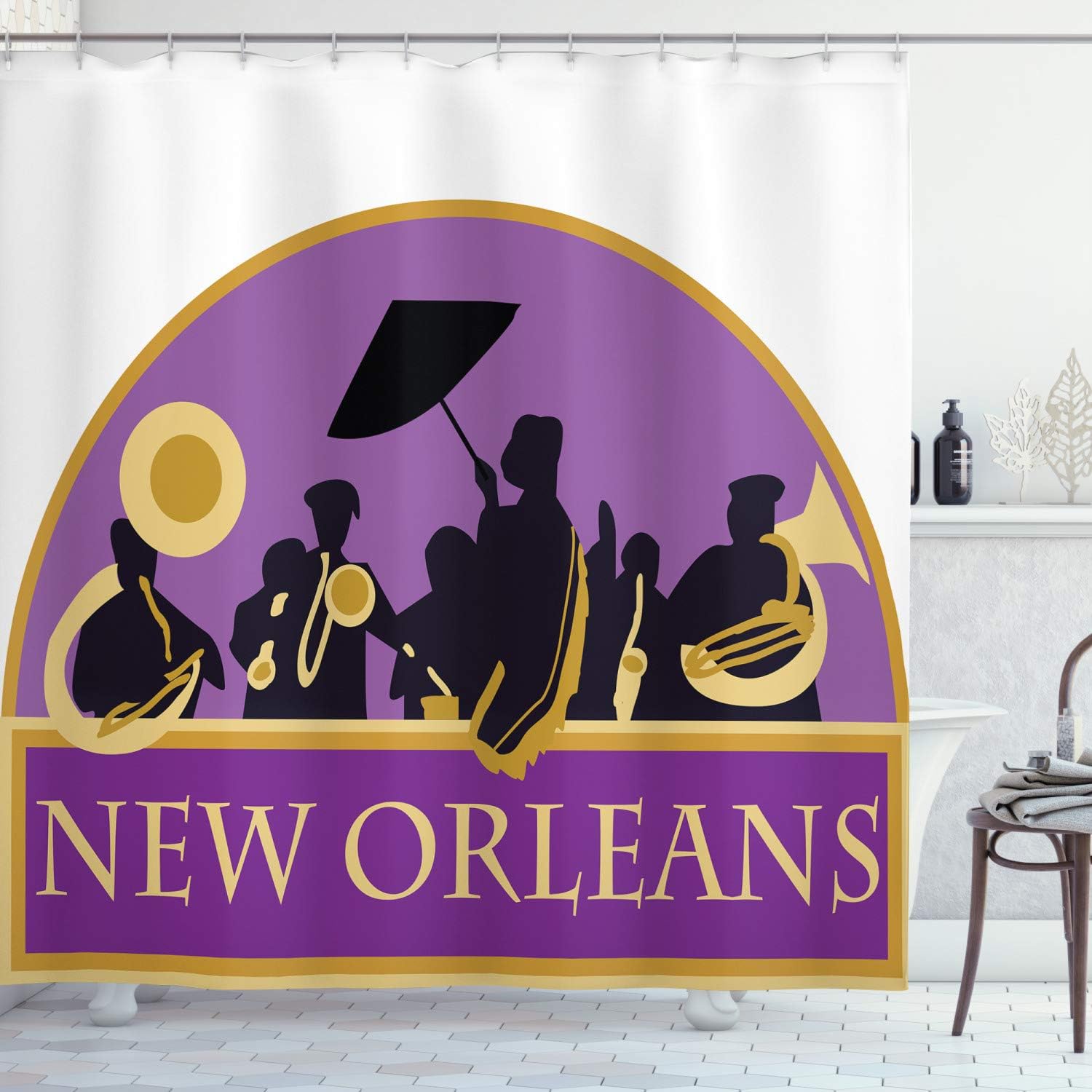 Ambesonne New Orleans Shower Curtain, French Quarter Band with Jazz Trumpet Saxophone and Brass, Cloth Fabric Bathroom Decor Set with Hooks, 69" W x 70" L, Blue Violet Earth Yellow Black