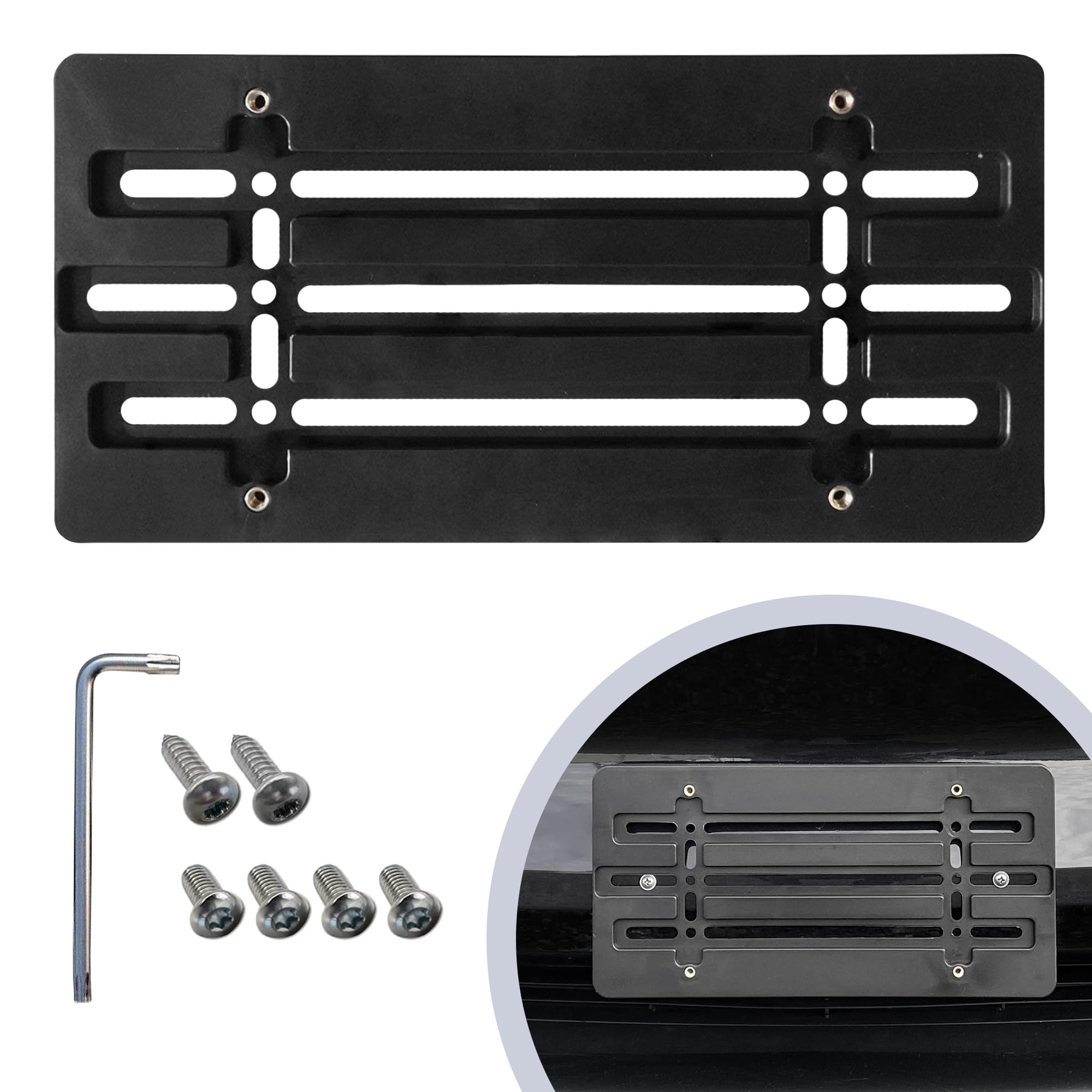 Front Bumper License Plate Bracket For Tesla Model X 2016-2024, Plate Holder Set W 6 Unique Screw Bolts & Wrench Kit, License Tag Mounting Kit, Quality Plate Holders, Premium Car Accessories
