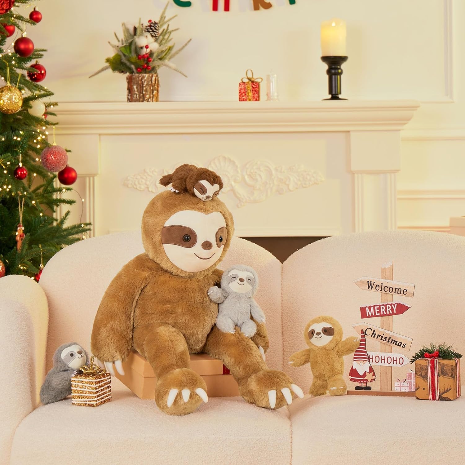 MaoGoLan Sloth Stuffed Animal Set,5 Pcs Sloth Plush Toy,Large Stuffed Mommy Sloth with Babies Sloth Toys Plushies, 3 Toed Sloth Stuffed Animal Bulk for Kids 22 inches