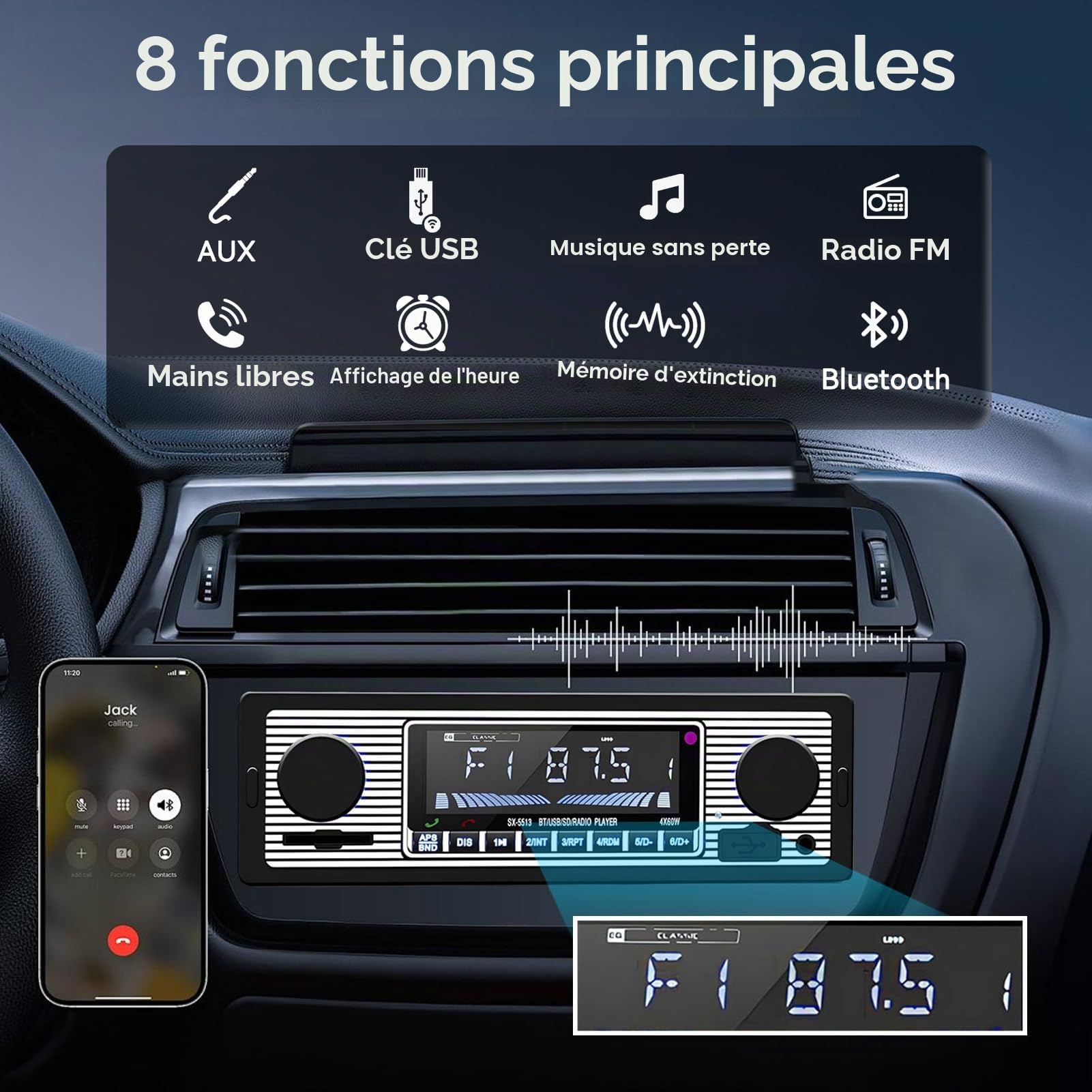 Autoradio Bluetooth, Vintage Poste Radio Voiture Bluetooth 4x60W Lecteur MP3 avec Télécommande Supporte USB/AUX