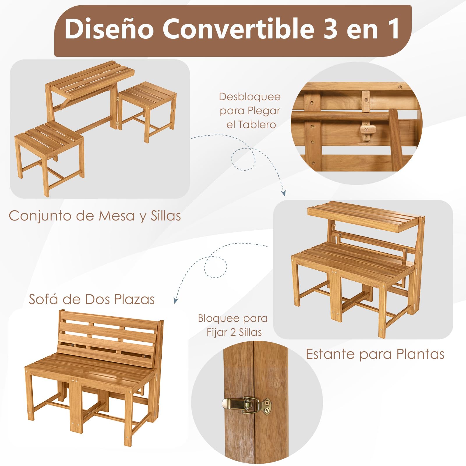 COSTWAY Banco de Exterior Convertible, Banco de Madera de Acacia Multifuncional 3 en 1, Conjunto de Mesa y Sillas con Asientos de Listones, Estante de Plantas de 2 Niveles para Patio Terraza Jardín
