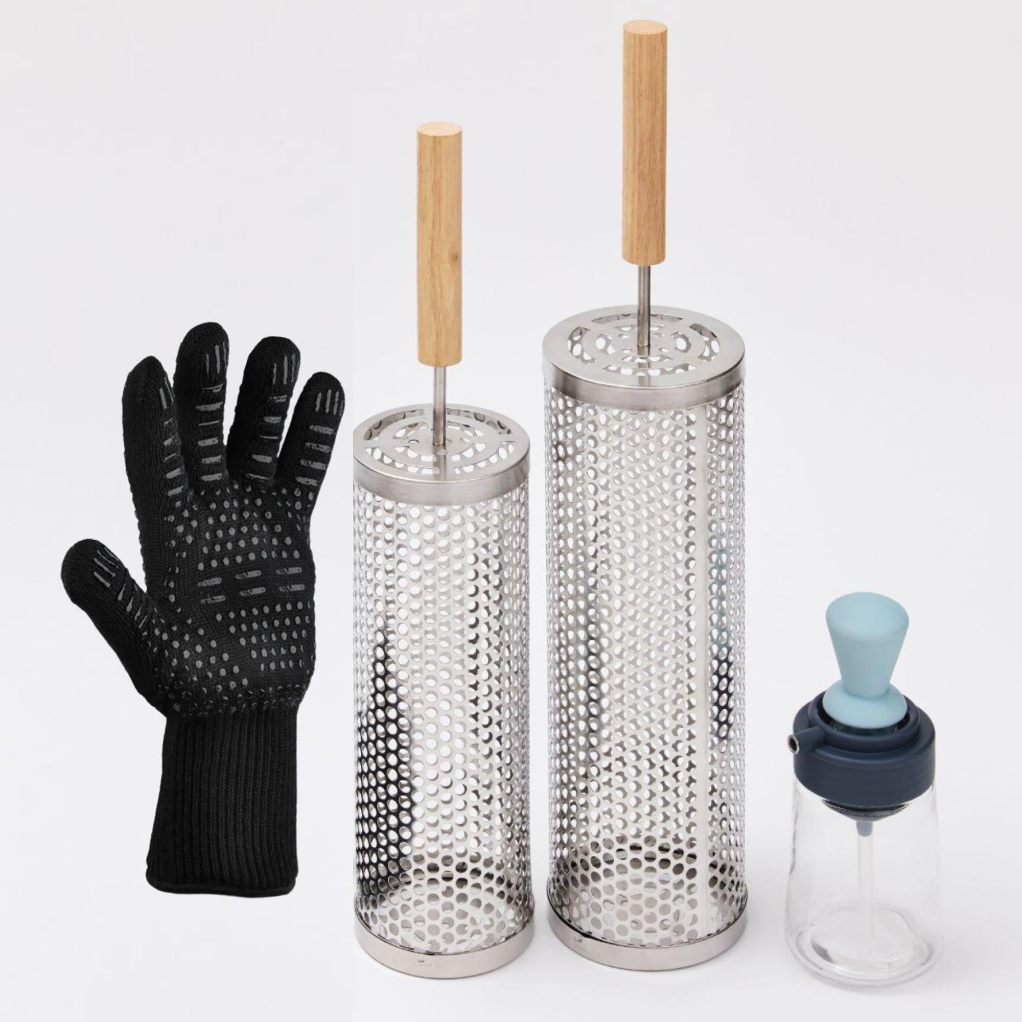 2pcs Large Nesting Rolling Grill Baskets for Outdoor Grill, USA Based, Commercial Grade, 304 Stainless Steel BBQ Round Grilling Baskets with Wood Handles Set with Oil Pourer/Brush and Grill Glove