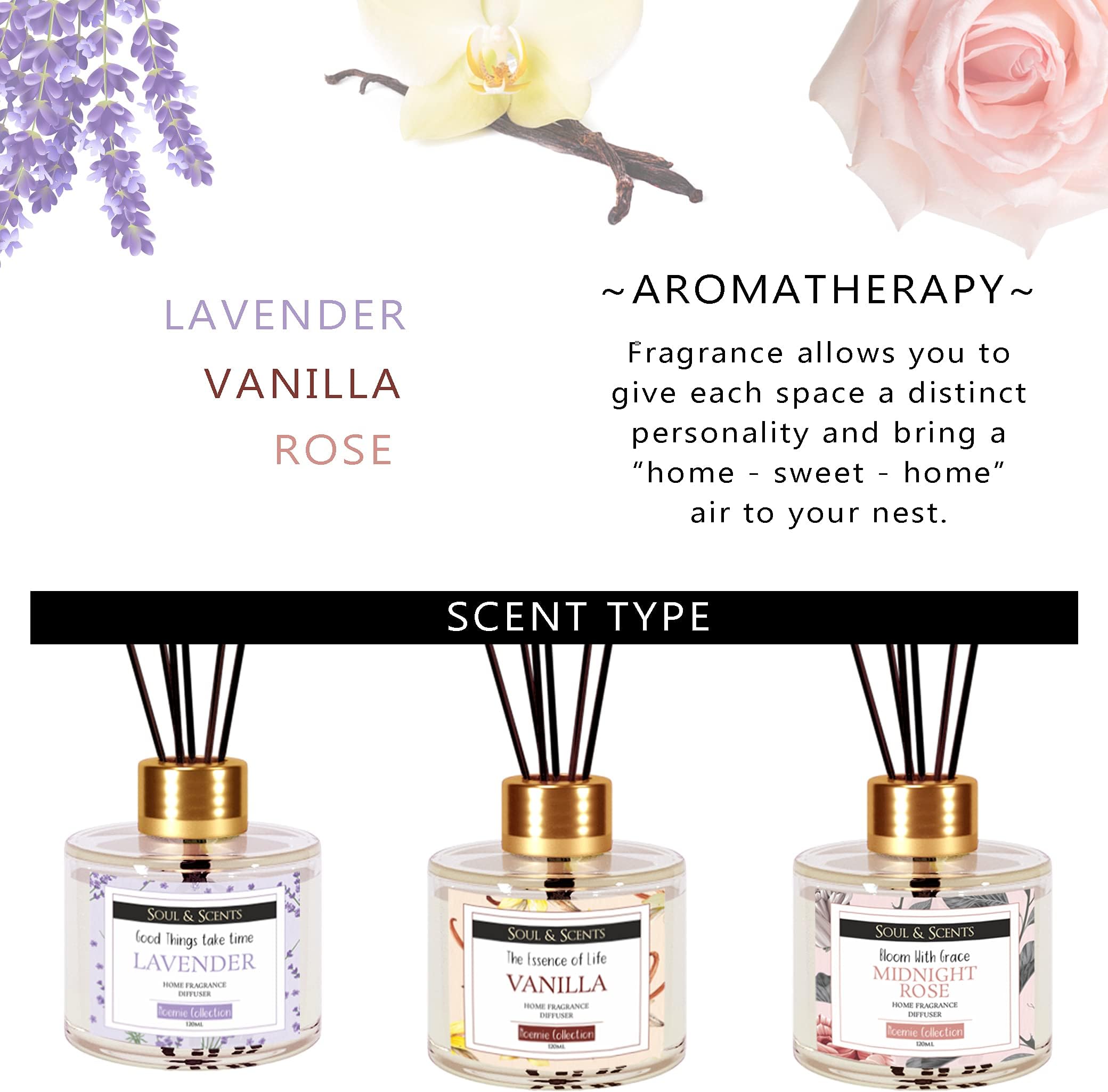 Soul & Scents Lavender, Vanilla & Midnight Rose Reed Diffusers Set for Home/Office/Gym/Yoga Fragrance | Aromatherapy | Mood Enhancer (Combo Pack) (RD_Combo1)