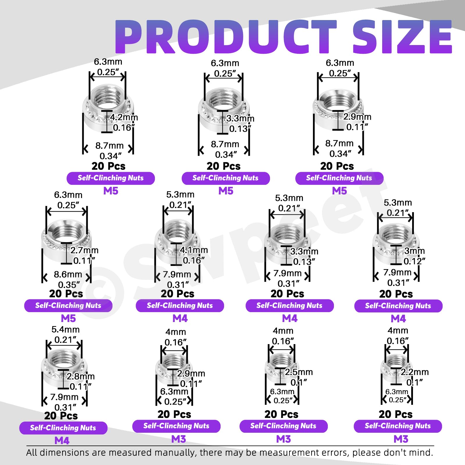 Swpeet 220Pcs 11 Sizes M3 M4 M5 Silver 304 Stainless Steel Knurled Self Clinching Nuts Assortment Kit - Image 2