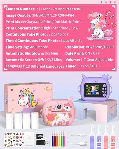 Miniatura 8 de OZMI Cámara de impresión instantánea para niños, cámara de impresión instantánea 1080P 48MP para niñas y niños pequeños con papel de impresión y