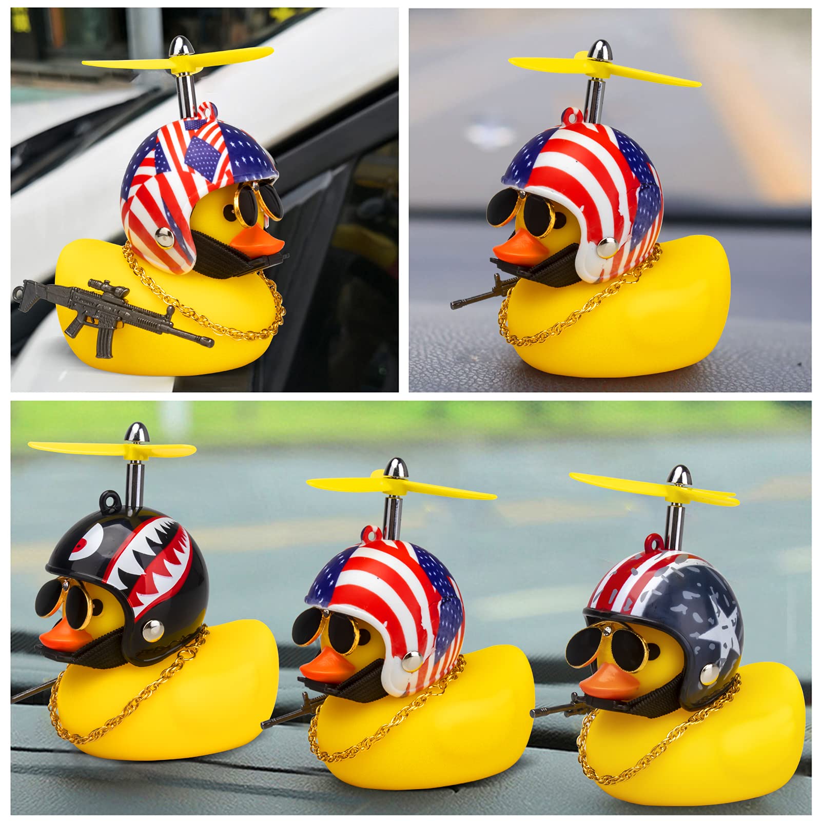 Canard Voiture Wonuu Canard En Caoutchouc Pour Décoration De Voiture, Tableau De Bord De Voiture, Klaxons De Vélo Avec Casque D'hélice (drapeau Américain Canard En Plastique Moto
