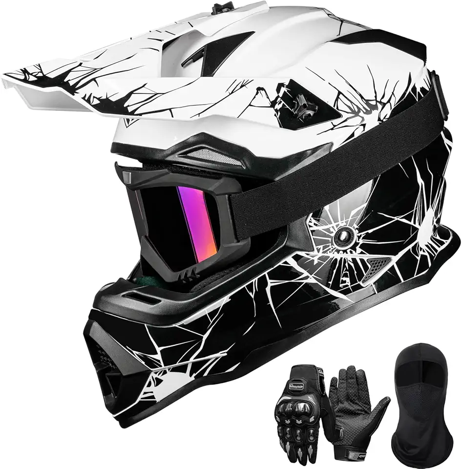 ILM Capacete Para Motocross, Quadriciclo E Motos Off-Road Para Adultos, Masculino E Feminino, Com Óculos De Proteção, Luvas E Máscara, Modelo Ws901 (Preto E Branco, Tamanho G)