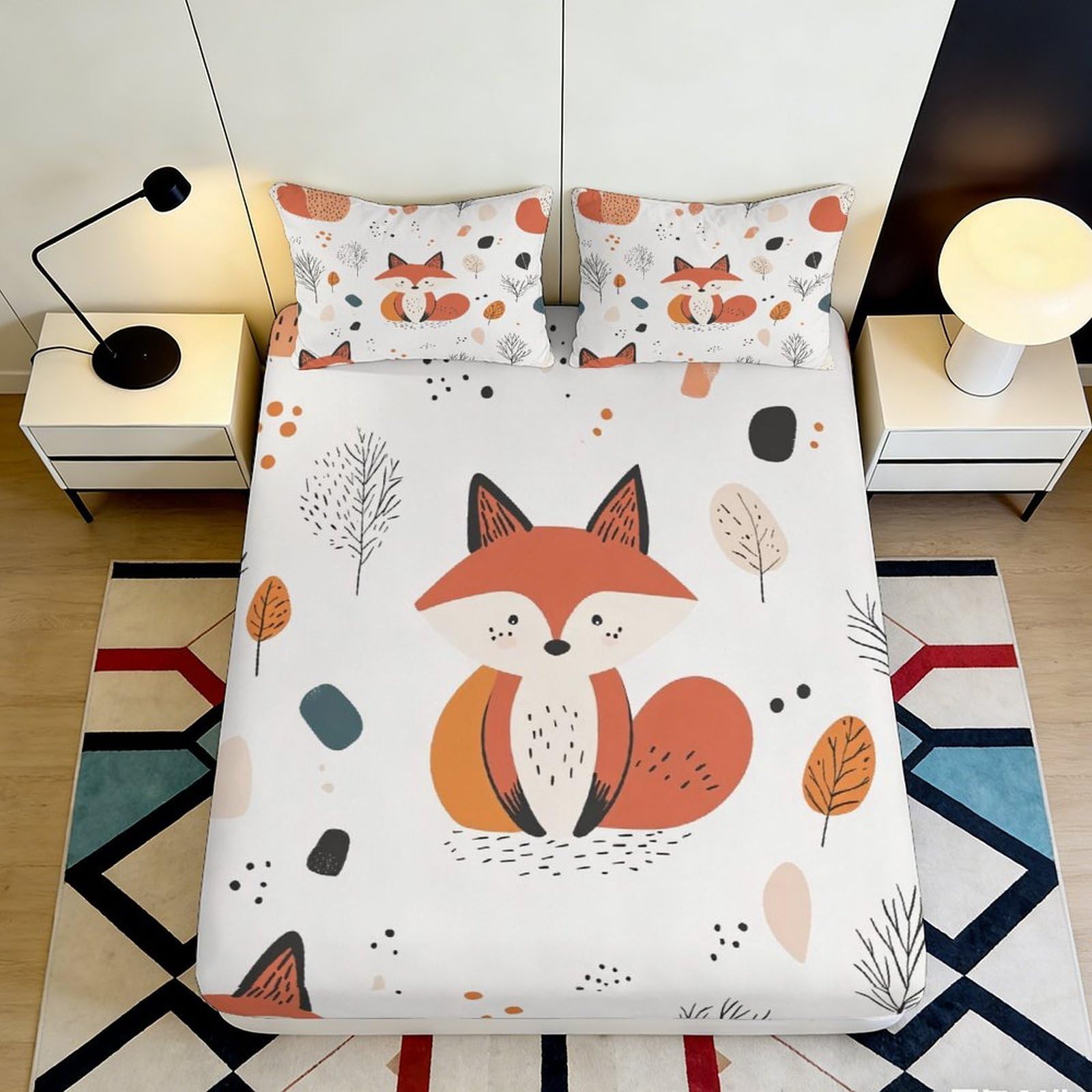 3D Printed Fox Forest Fitted Sheet Microfiber Soft Breathable Autumn Leaves Bed Cover for Bedroom Dorm Mattress Protection Decor 90x200x25cm