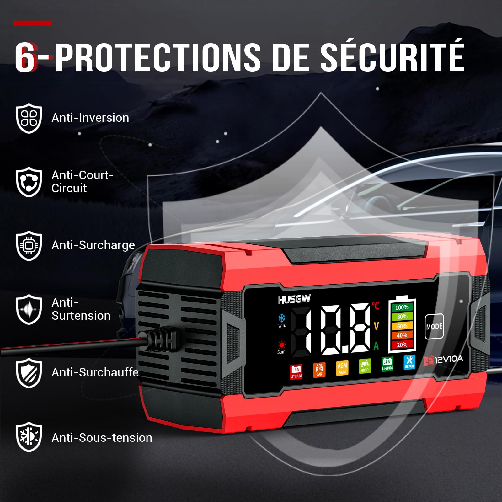 10A Chargeur de Batterie Voiture, 12V 10A LiFePO4 Chargeur Batterie pour Moto avec Réparation Automatisée, 6 Modes Maintien de Chargeur Batterie avec Écran LCD pour AGM/Gel/Wet/SLA