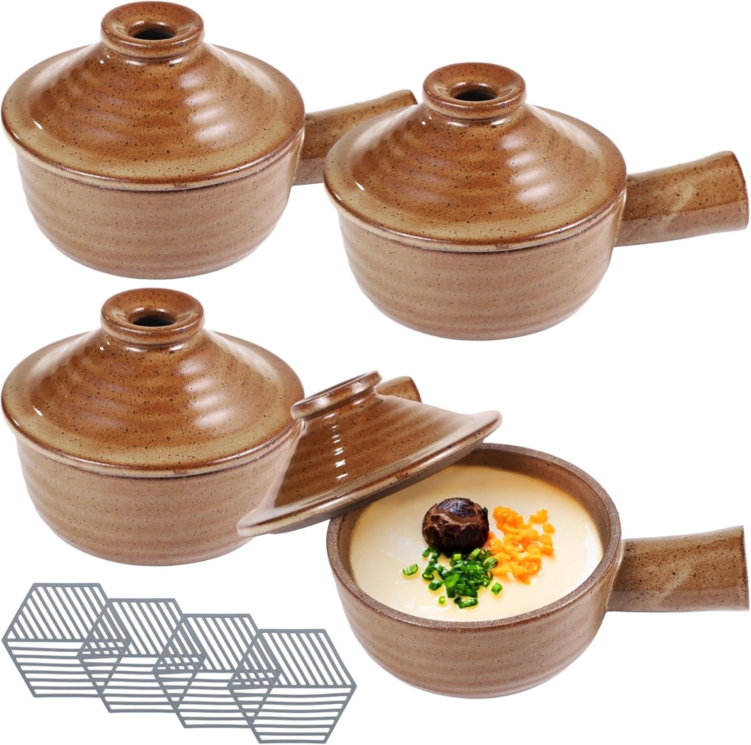 4 Sets Egg Cookers, Ceramic Microwave Cookers with Heat-resistant Silicone Pads, Egg Poachers with Dome Lids & Hollow Handles, 12 oz Clay Bowls for Eggs, Soup, Oven & Dishwasher Safe