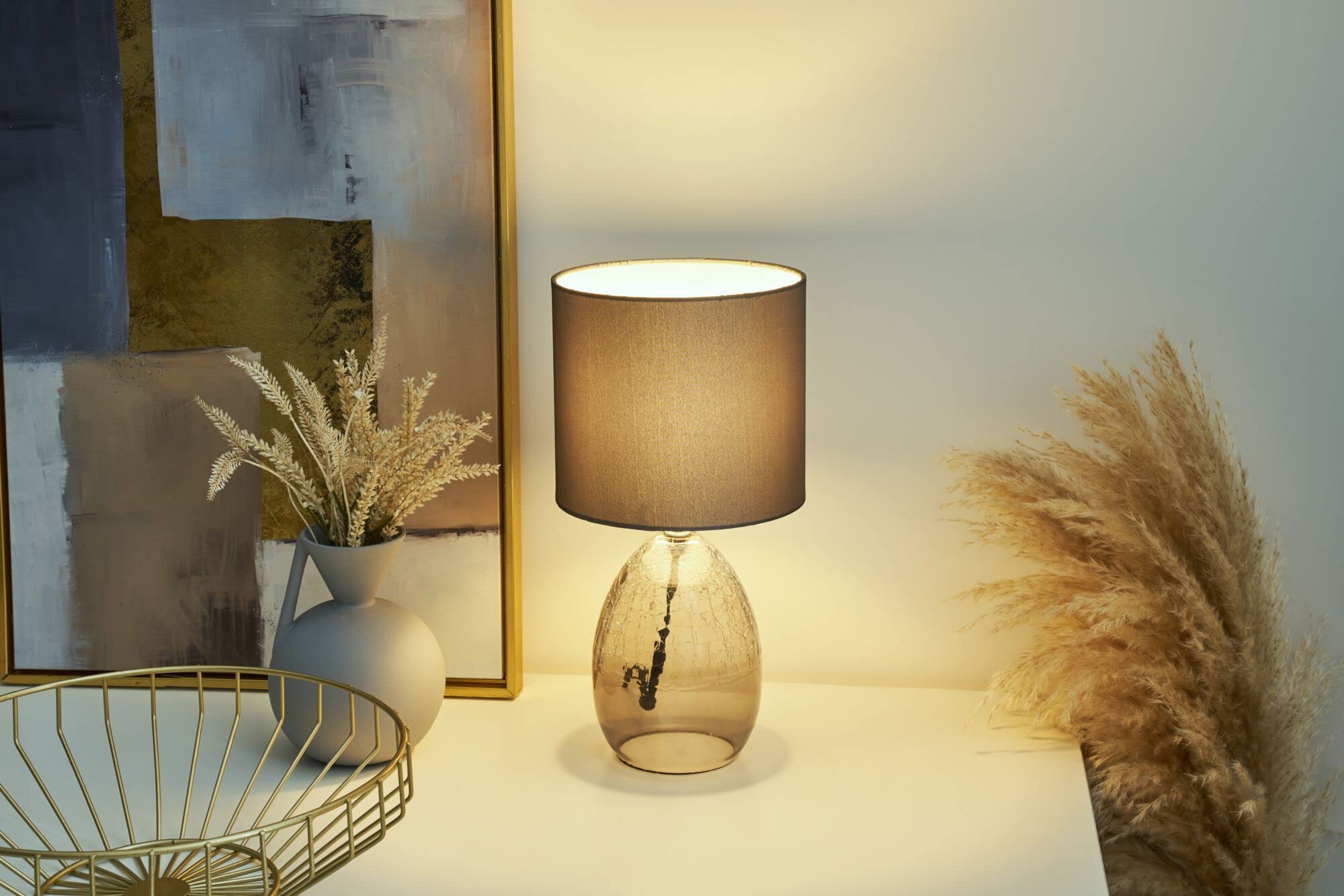 Pauleen 48212 Tempting Gleam Tischleuchte max. 20 Watt Grau, Rauchglas Nachttischlampe im Glamour Look aus Stoff, Glas E14