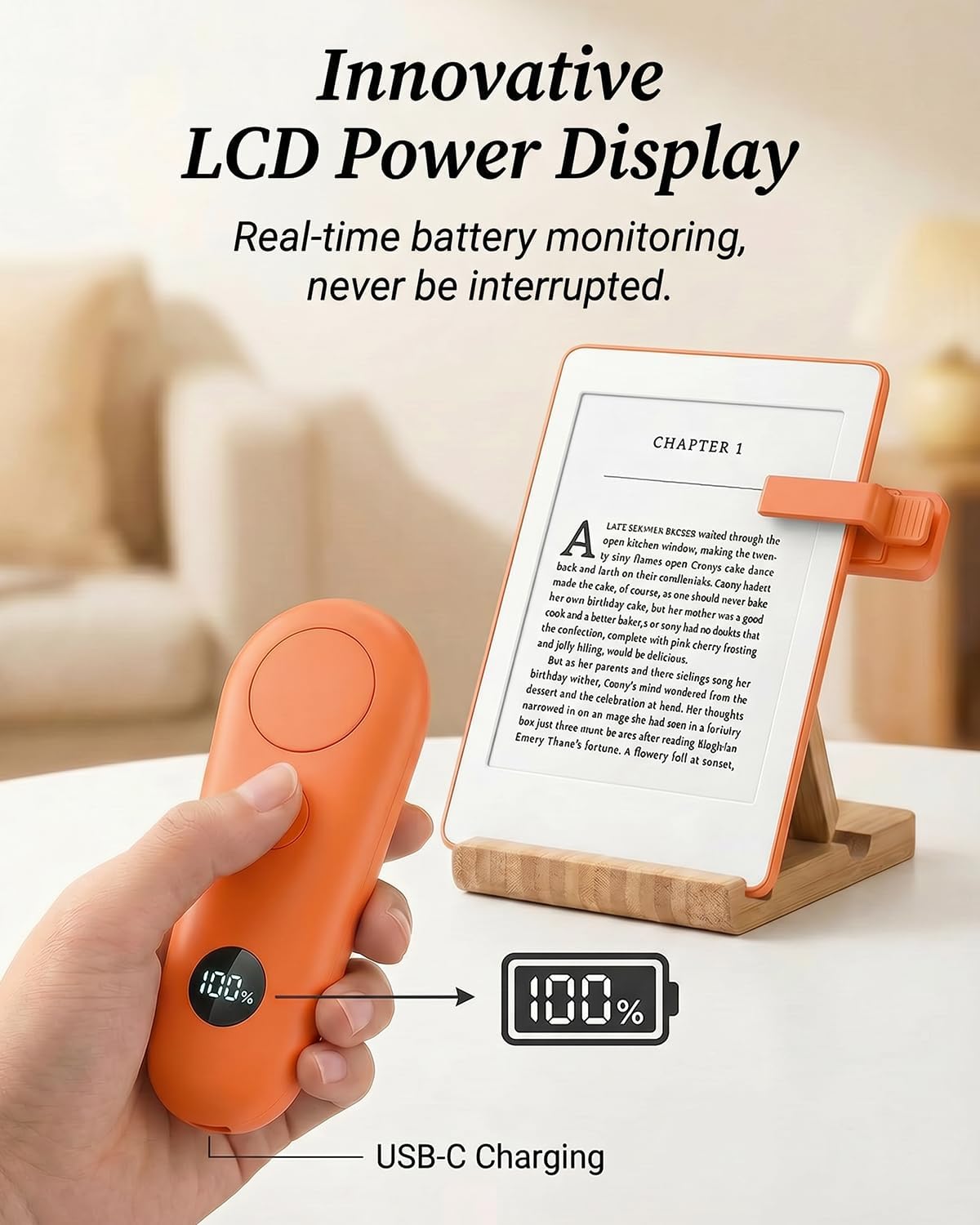 RF Remote Control Page Turner with Upgrade LCD Power Display, Wireless Reading Clicker for Kindle Paperwhite Kobo Oasis iPad, Phone Camera Remote Trigger, 36-Month Warranty (Orange)