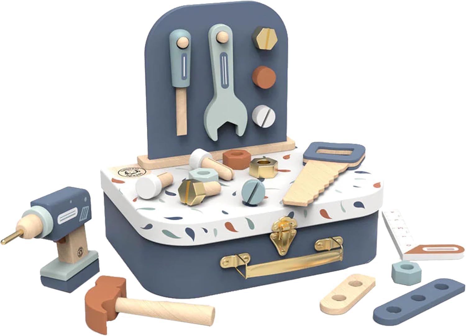 SPEEDY MONKEY Tools Suitcase for Kids 36m+ | Pretend Play Tool Set with 19 Accessories, Toy Drill & Hanging Board | Wooden Construction Kit for Boys & Girls | Fine Motor Skills & Imaginative Play