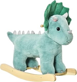 Qaba Triceratops Plush Rocking Horse Ride-On Toy with Realistic Sounds for Kids 3-6 Years Dark Green