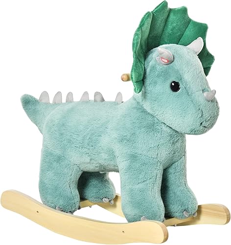 Qaba Kids Caballo de montar de peluche con forma de Triceratops, juguete mecedora con sonidos realistas para niños de 36 a 72 meses, verde oscuro