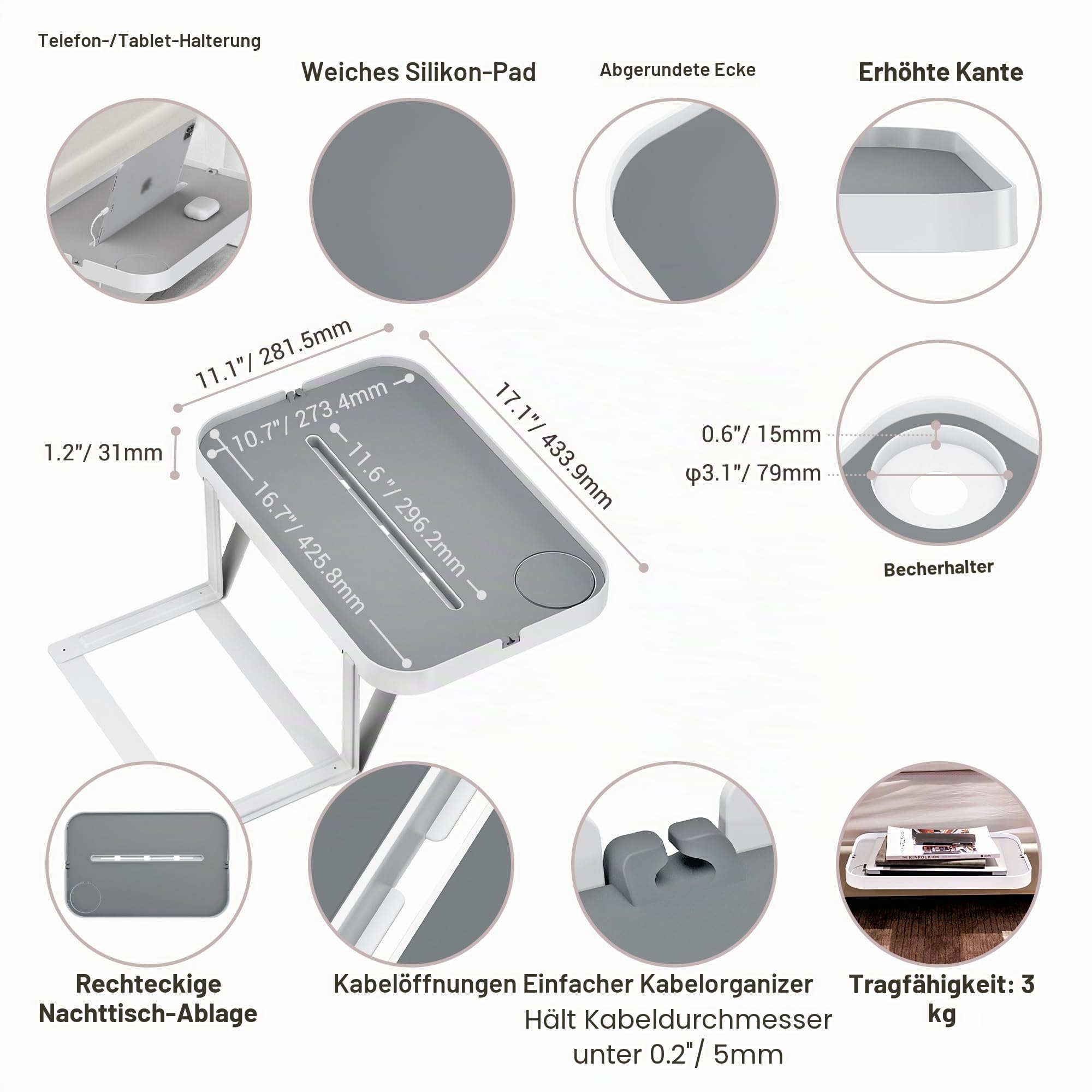 KIWIFOTOS Nachttischablage für Bett ohne Seitenrahmen, Nachttisch-Tablett für Plattformbett mit Getränkehalter, Kable-Organizer, stummes Design (Model L)