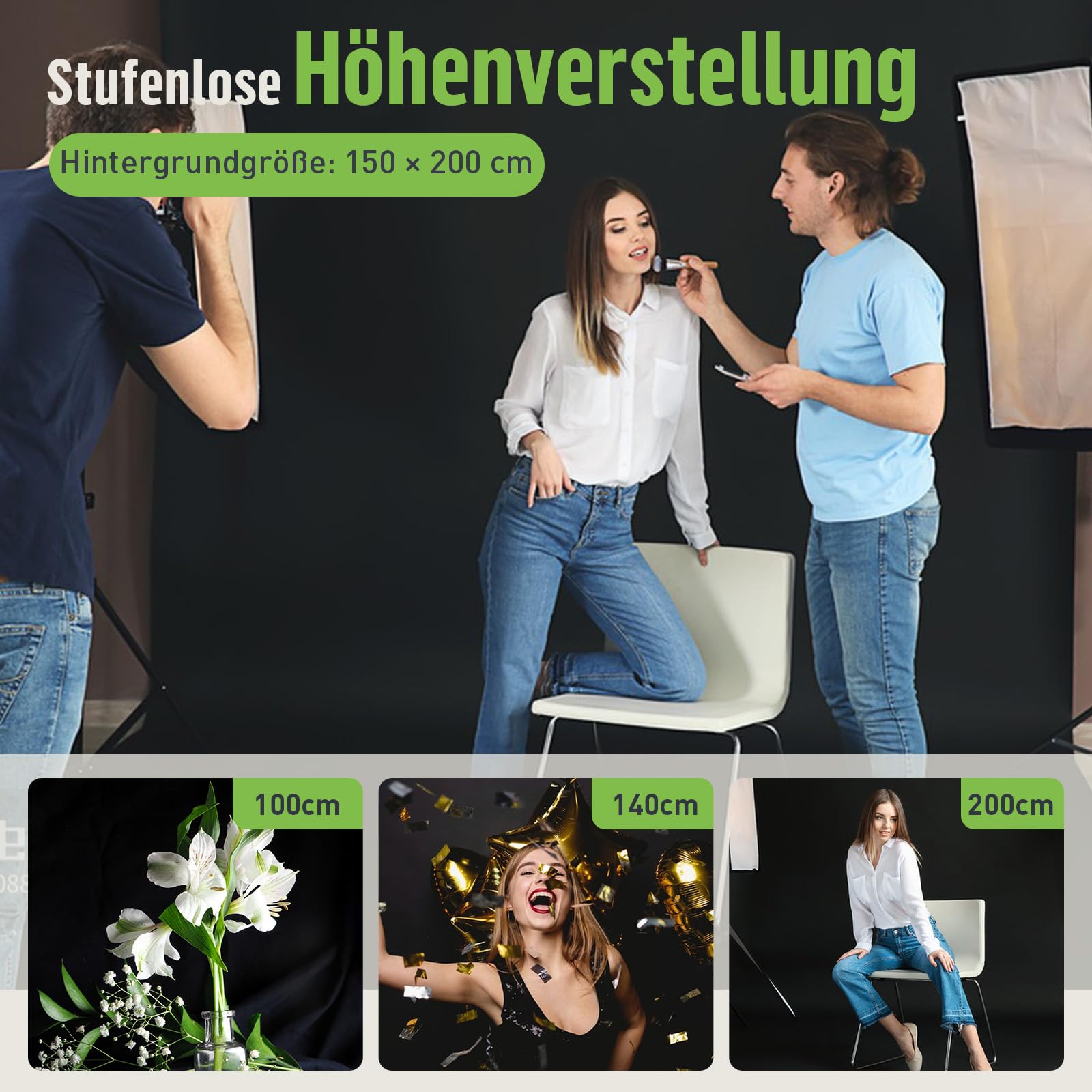 Heysliy Heysily Fotohintergrund Schwarz mit Ständer 2x2m & 1.5x2m – Schwarzes Tuch Backdrop Stand Set für Fotostudio – Bild 8