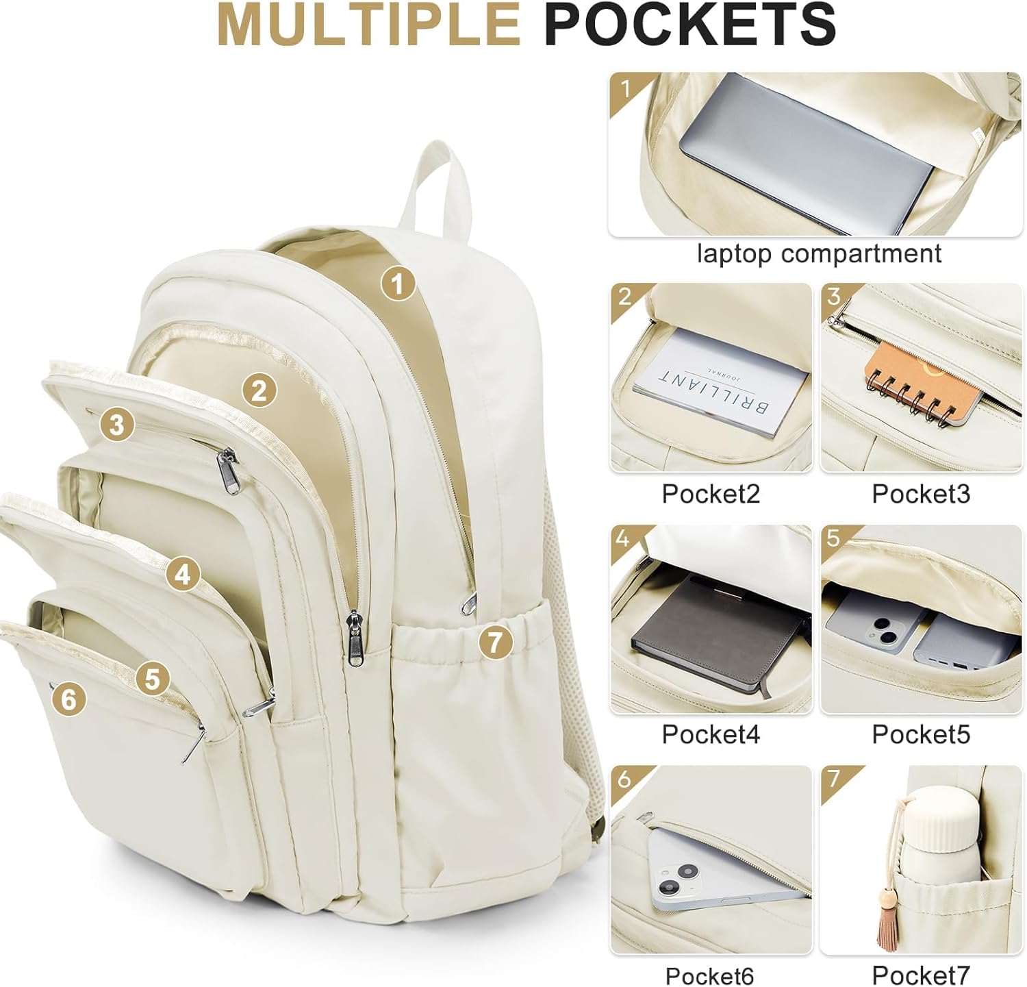 College Backpack For Women Men,Lightweight High School Bag,School Backpack With Lots Of Pockets,Cute Bookbag For Teens Boys Girls,Casual Daypack Backpack For School(Beige) - Image 4