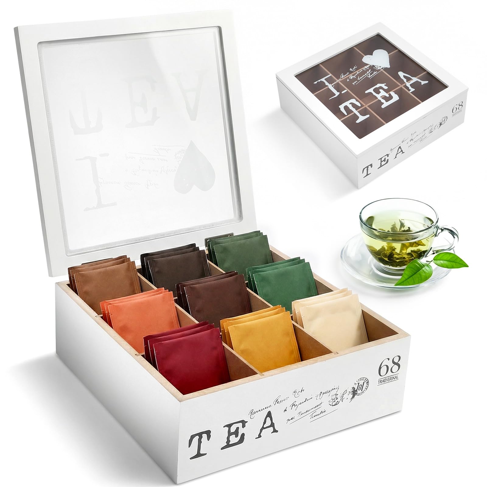 Bpyhebe Wooden Tea Box, 9 Compartments Tea Bag Holder Organizer with Transparent Acrylic Lid, Multi-Functional Storage Boxs for Tea Bags, Sugar, Coffee Pods
