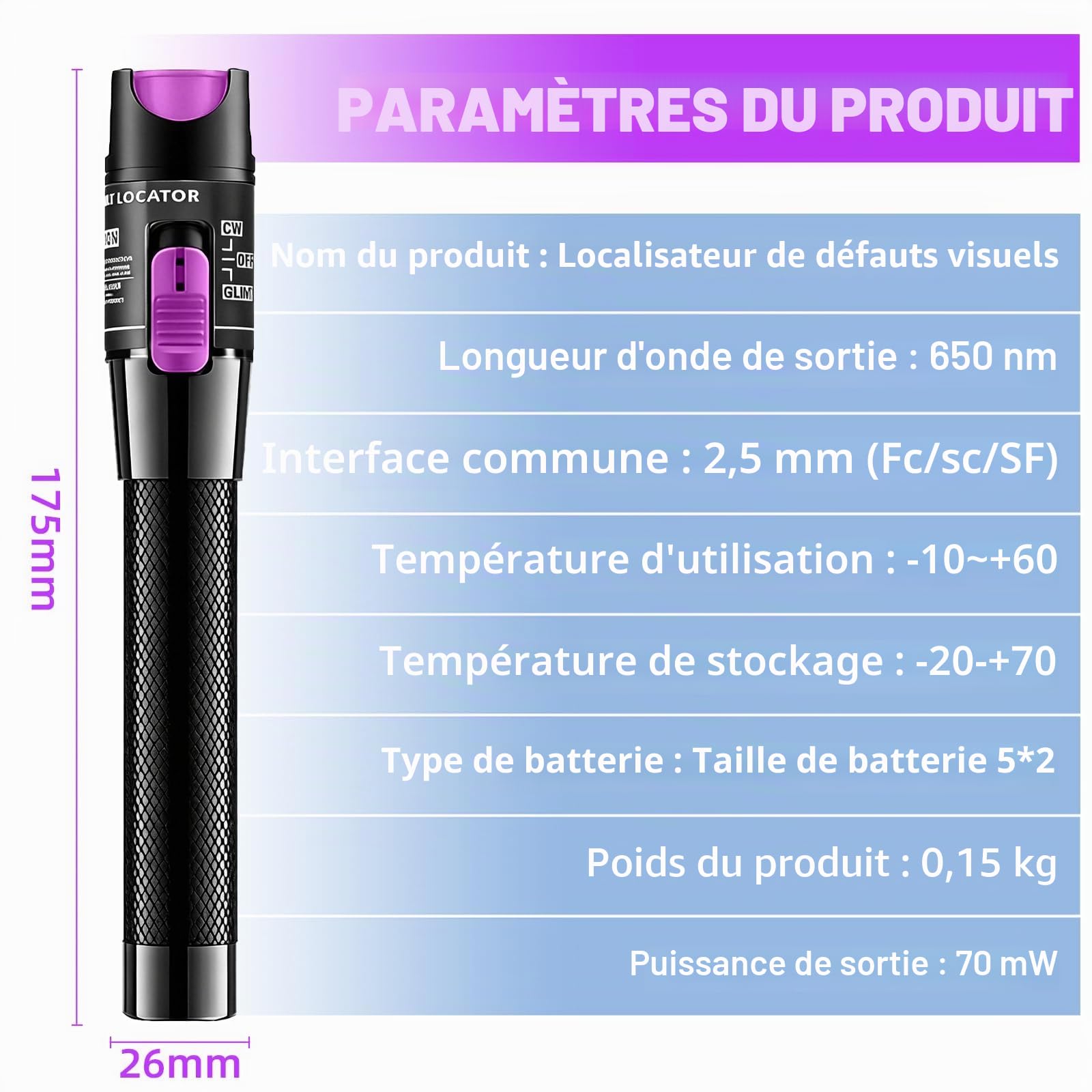 Localisateur visuel de défauts de 70 mW, kits VFL de 70 mW, Stylo testeur de câbles à fibre optique avec adaptateurs monomodes FC/LC 9/125 µm, compatible avec les interfaces SC/FC/ST/LC 2,5 mm