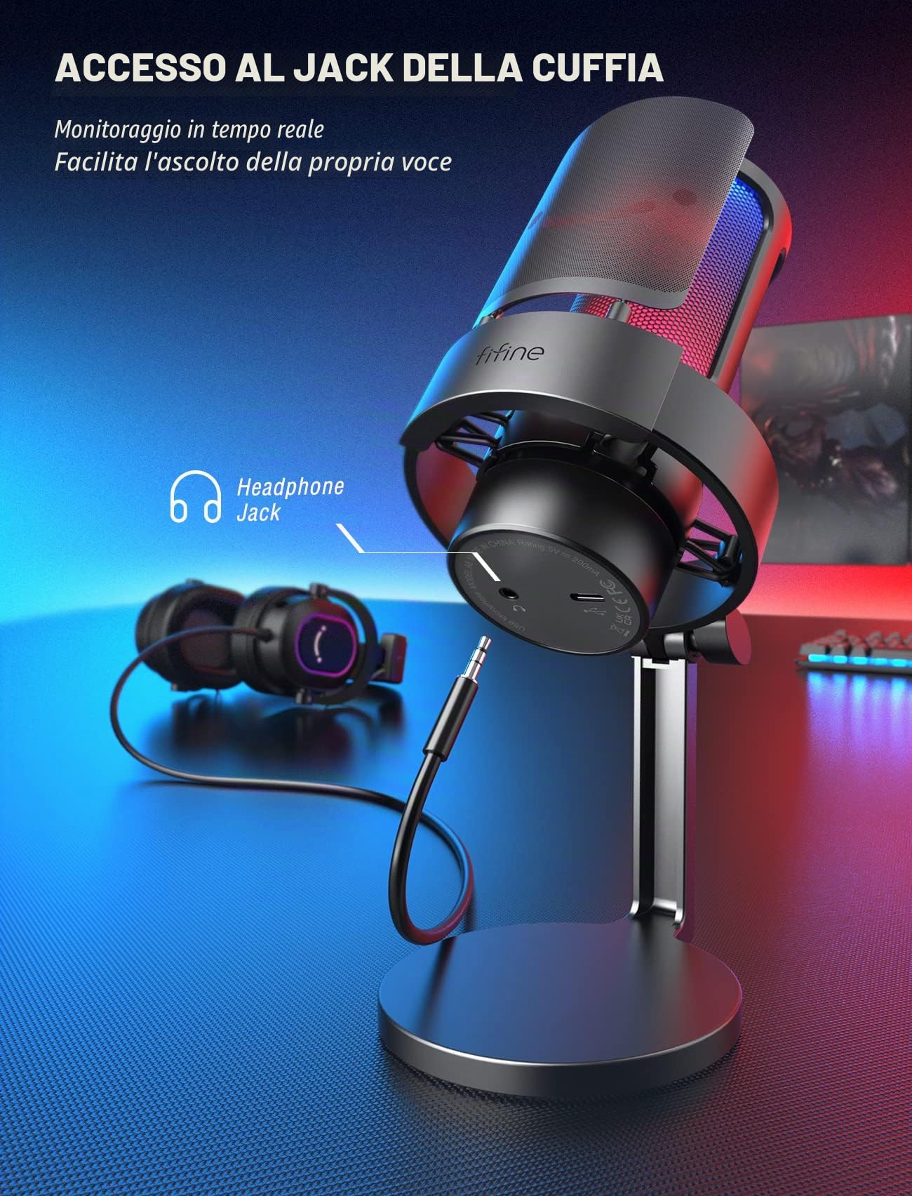 FIFINE USB Microfono per PC Gaming PS4 PS5, RGB Microfono a Condensatore per Streaming, Podcasts, con Controllo RGB, Tocco Muto, Jack per Cuffie e Filtro Anti-Pop
