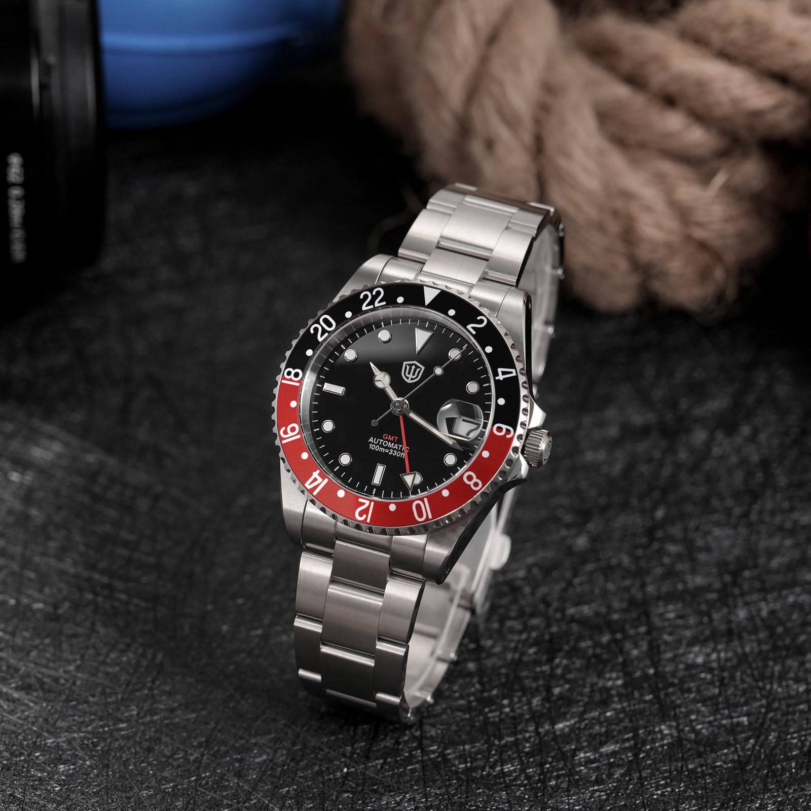 watchdives GMT-Uhren für Herren, WD0014, Taucheruhr mit Zwei Zeitzonen, NH34, automatische Vintage-Armbanduhr, 40 mm, Aluminium-Lünette