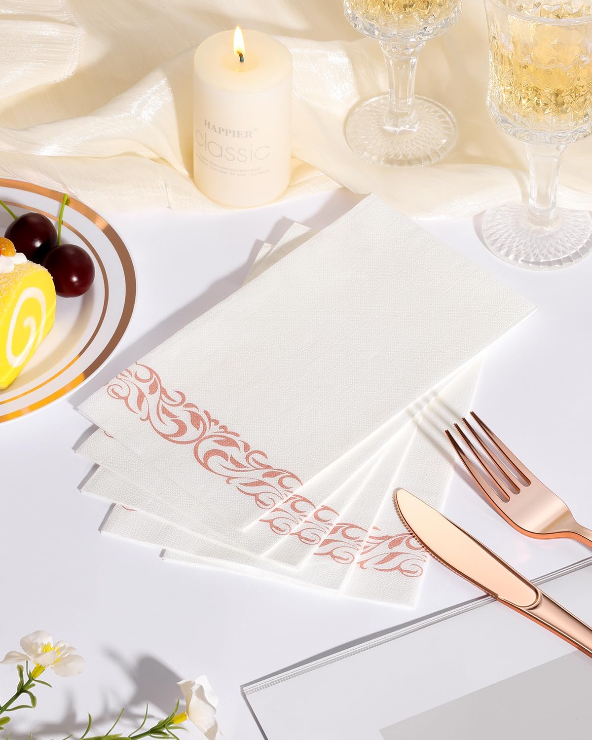 Goodluck 200 Pack 3-Ply Disposable Napkins - Soft & Absorbent Paper Hand Towels for Bathroom Guests, Dinner Party, Kitchen, Christmas, Wedding & Events, Parties - Rose gold Trim