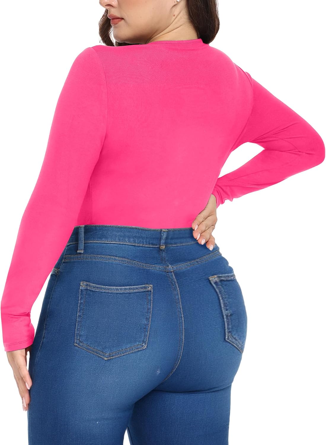 FOREYOND Plus Size Bodysuits for Women Long Sleeve Scoop Neck Body Suit Tops Casual Slim Fit Basic Leotards Shirts - Image 2