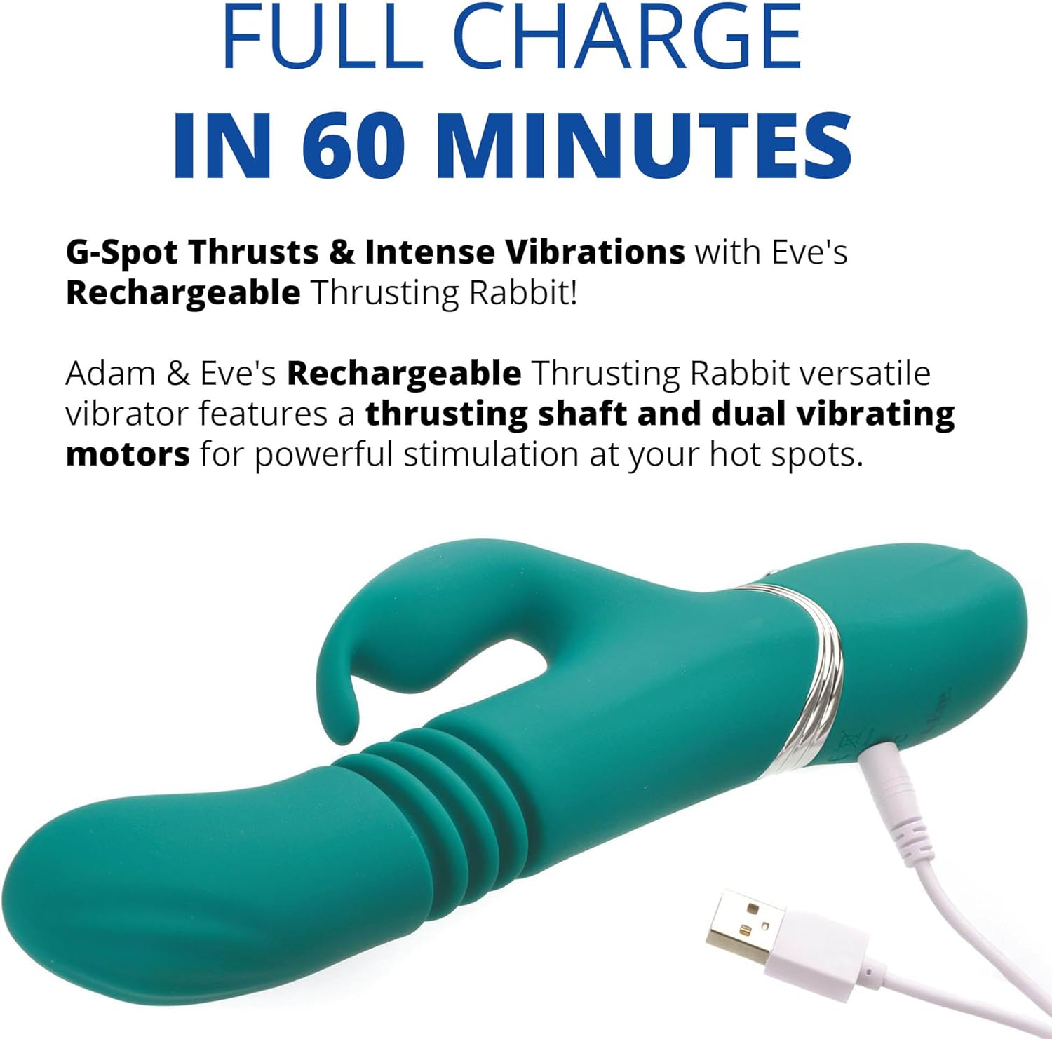 The Adam & Eve Thrusting Rabbit connected to a USB charging cable, with text indicating 'Full Charge in 60 Minutes'.