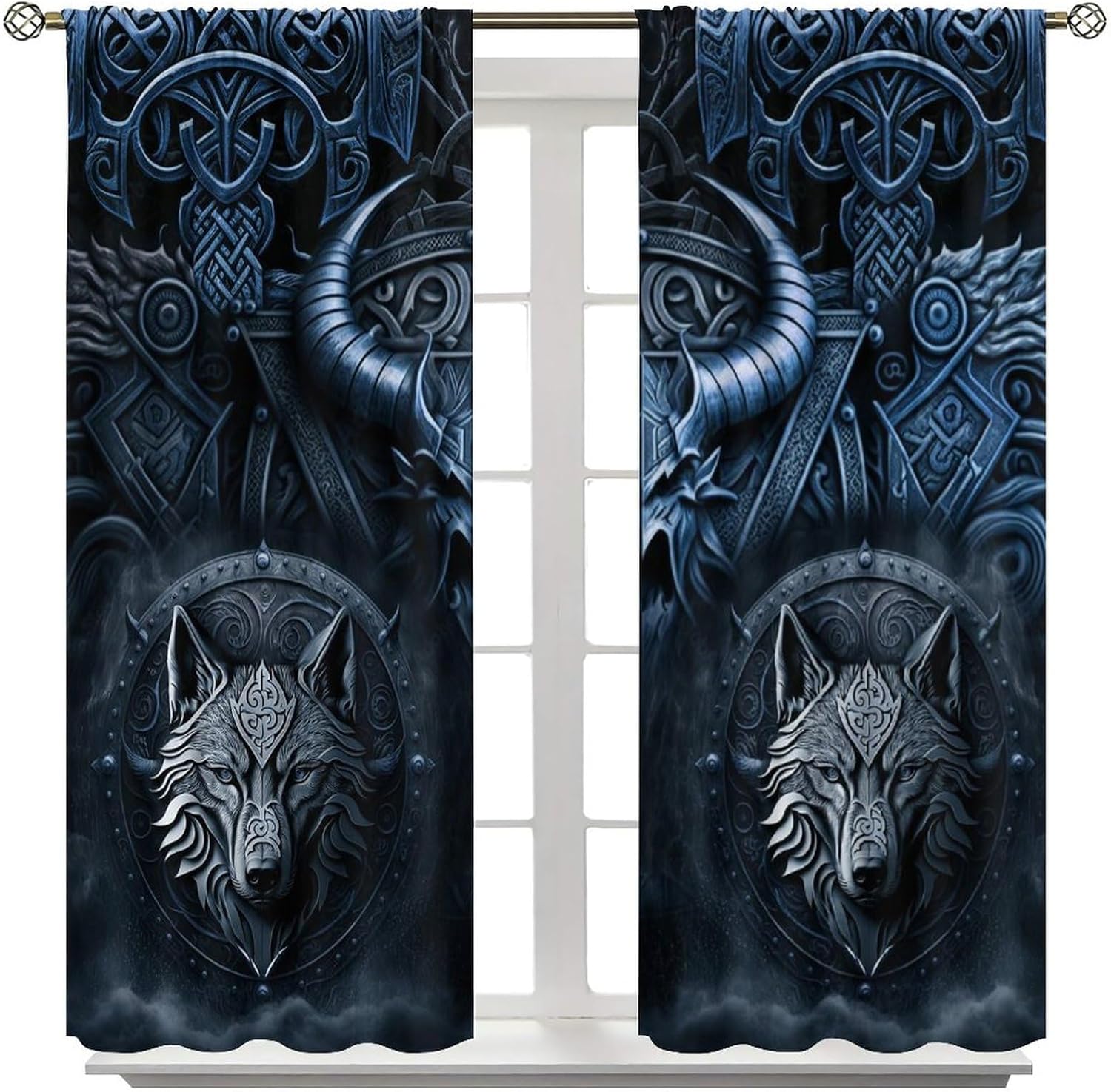 Abstract Mid Century Norse Vikings Blackout Curtains for Bedroom, Mythology Mystical Symbol Wolf Print Rod Pocket Thermal Insulated Room Darkening Curtains Window Drapes 2 Panels 63" L x 36" W