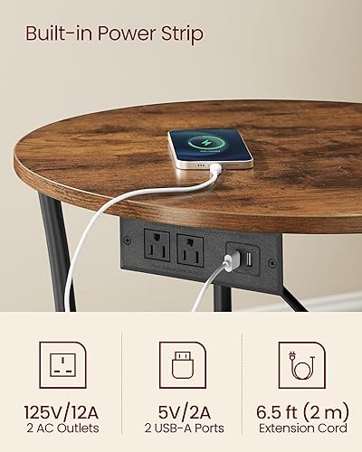 Miniatura 4 de VASAGLE Mesa auxiliar, mesa auxiliar redonda de 2 niveles con tomas de corriente, mesita de noche con marco de acero para espacios pequeños, sala de