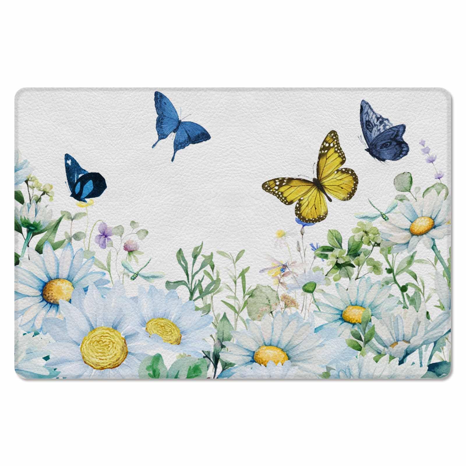 Watercolor Daisy Kitchen Bath Door Mat Cushioned Runner Rug,Washable Welcome Floor Sink Antifatigue Mat,Waterproof & Non-Slip Comfort Standing Doormat,Green Eucalyptus Leaves Simple White 18