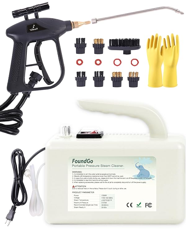 FoundGo 1700W Tankless Handheld Steam Cleaner with 7 Brushes 20s Heating to 239℉ Pressurized Portable Steam Cleaner, Cleaning Home/Kitchen/Car & More-White by FoundGo - Used condition - CA$90.87