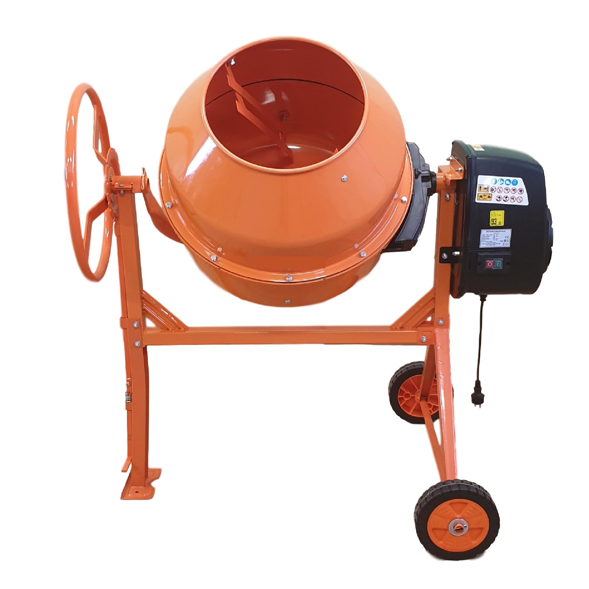 Betonmischer BAU160, 160L Trommel, 850W Motor, Orange, Stahlrahmen mit Metall-Zahnkranz, Kunststoffräder, Kipp-Handrad