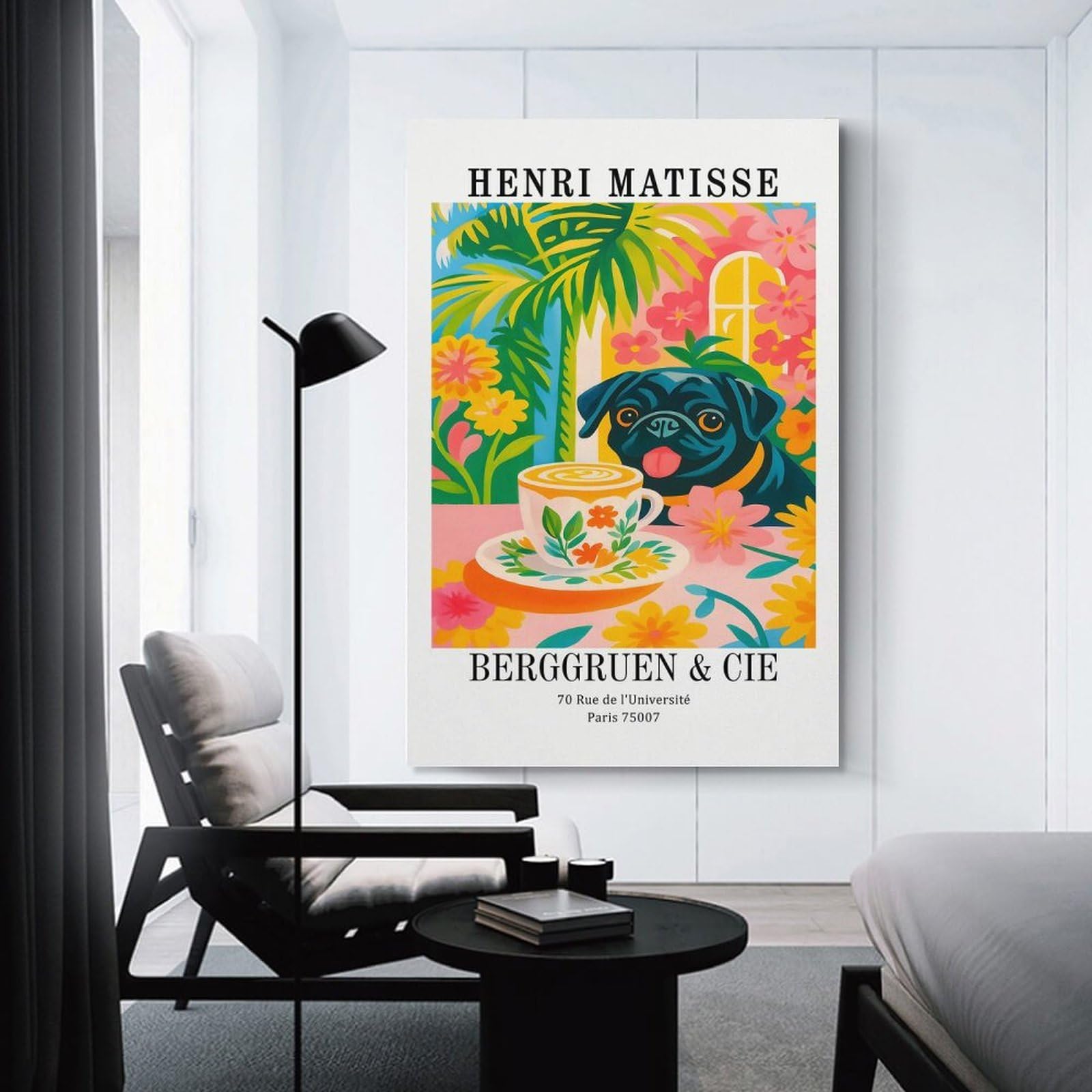 Junmoney Henri Matisse Pug And Coffee Art Canvas Wall Decor 24x36inch(60x90cm), for Calm Bedrooms, Home Corners Or Flats, A Warm Accent for Relaxed Interiors
