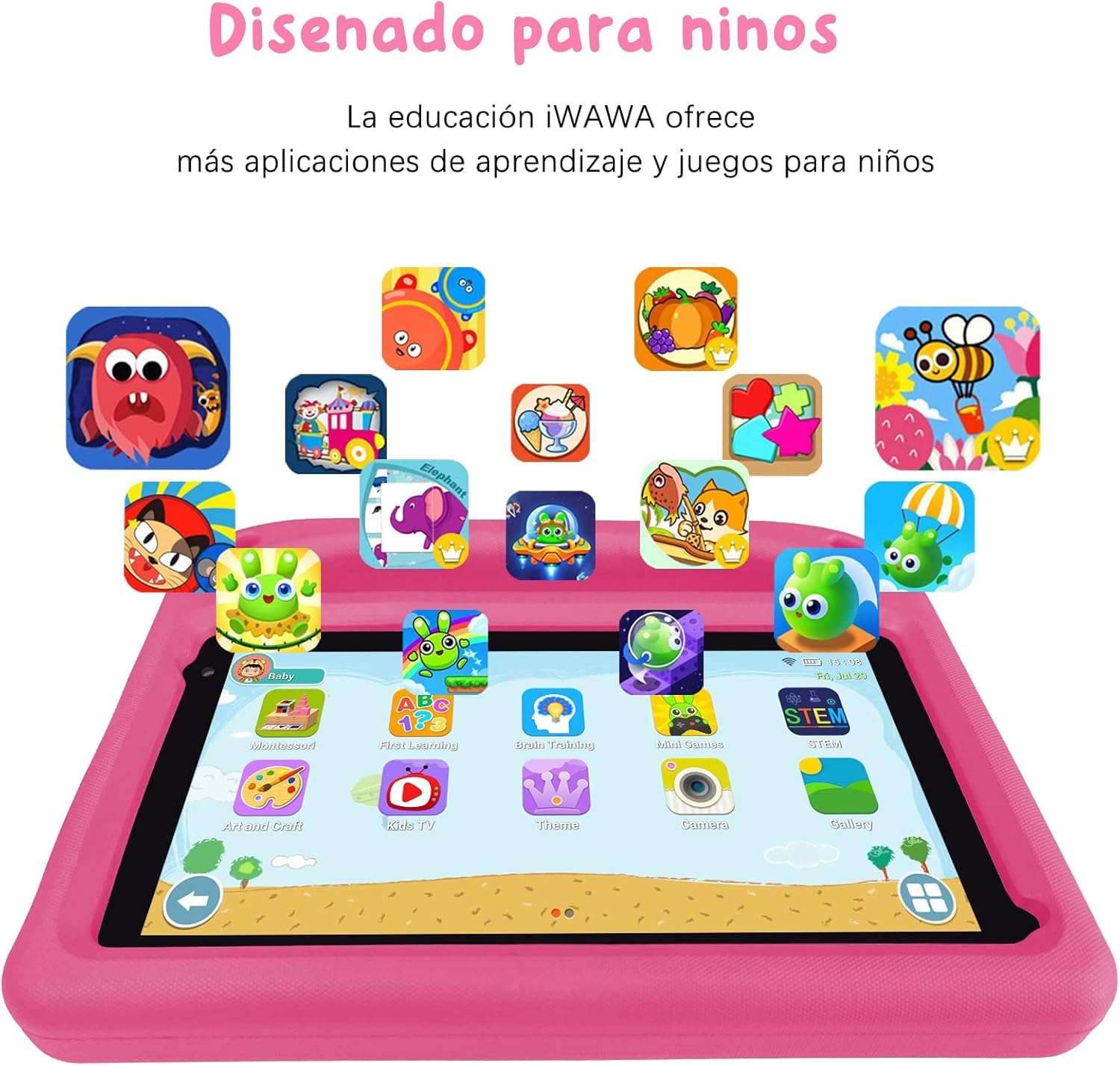 GOODTEL Newest Tablet Niños Android 13 7GB RAM+64 GB ROM, Tablet para Niños 7 Pulgadas, WiFi, Bluetooth, GPS, Educación + Juegos, Play Store, Cámara Dual, Control Parental, con EVA Funda - Rosa
