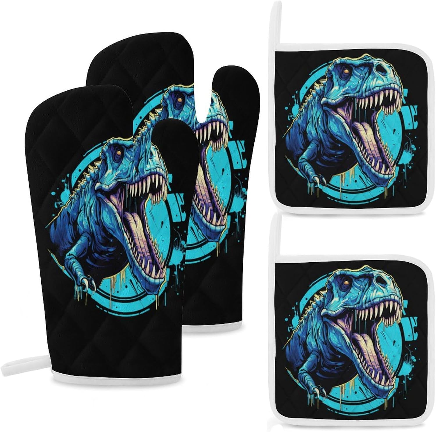 Dinosaur 4 Pcs Oven Mitts and Pot Holders Set High Heat Resistant Long Kitchen Oven Glove Potholders