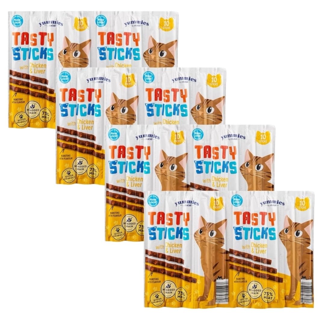 Bizzal Yummies Tasty Sticks Cat Treats with Chicken & Liver, 75% Meat, No Added Grain, 4 Packs of 10 Sticks