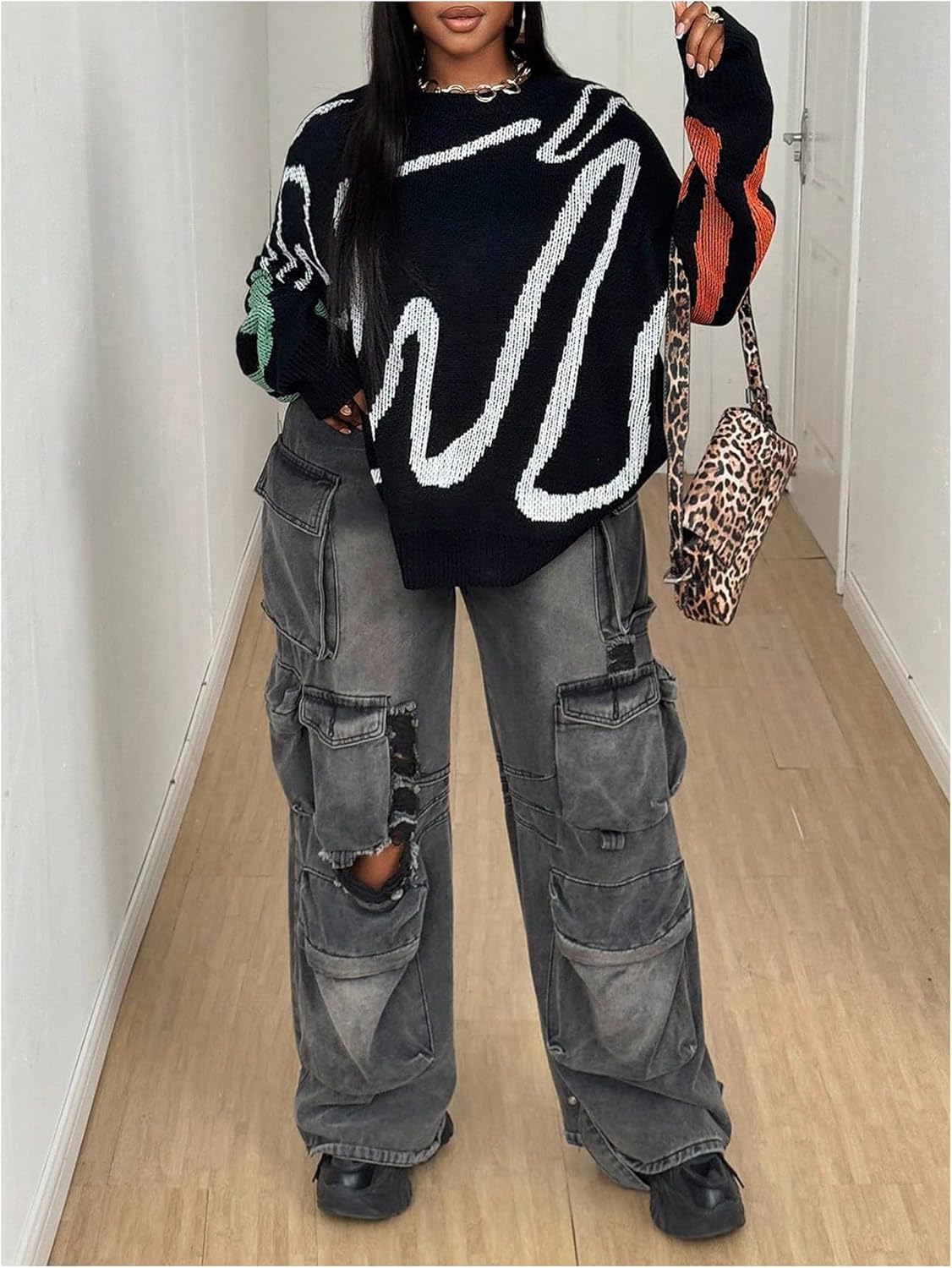 SOLY HUX Women's Plus Size Graphic Sweater Long Sleeve Crew Neck Oversized Knit Pullover Jumper Tops - Image 5