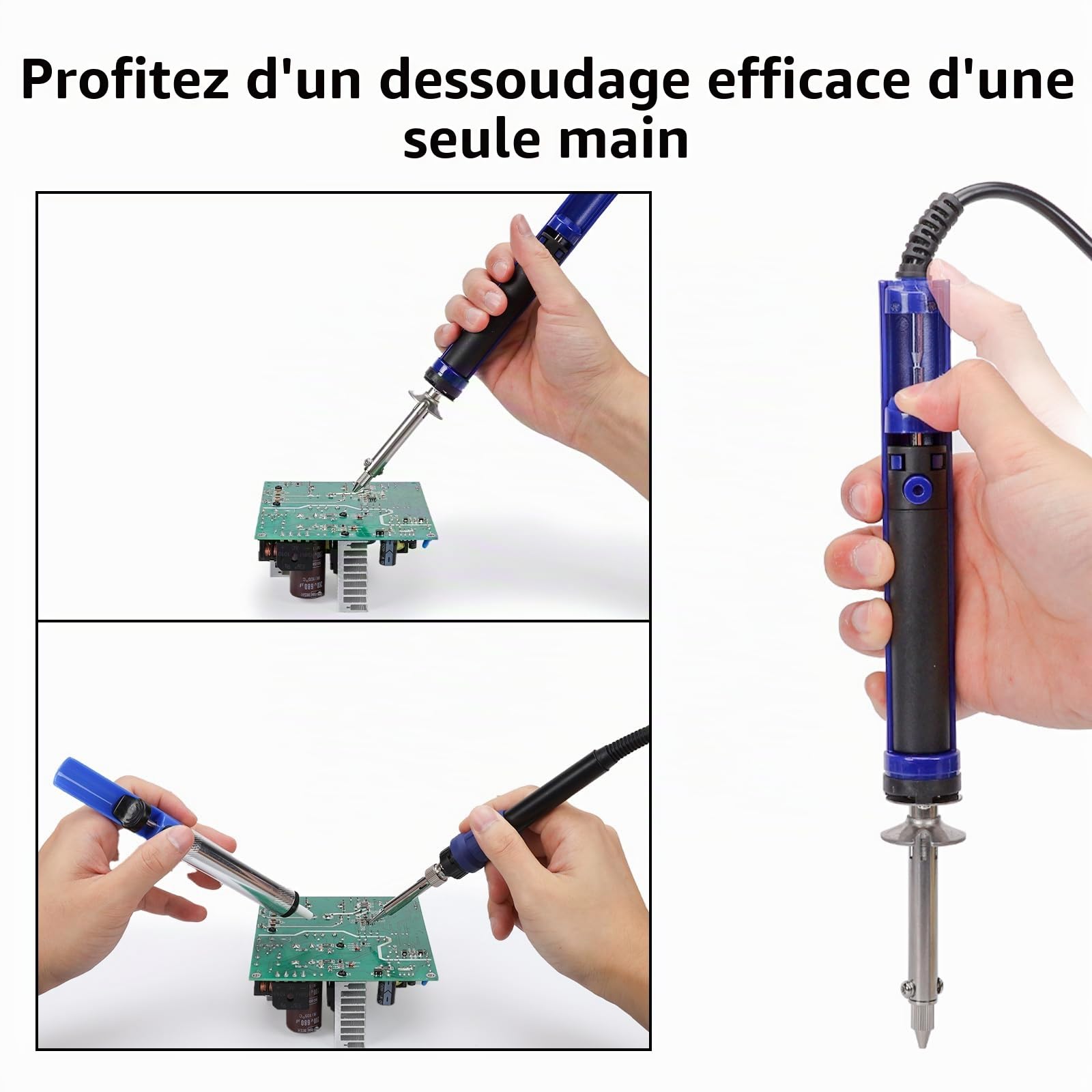 WEP 929D-V 2 EN 1 kit de soudage et dessoudage avec pompe a dessouder électrique, 5 buses 0,8/1,0/1,2/1,5 mm, support, éponge, broche de nettoyage pour dessoudage, pompe à dessouder intégrée (EU)