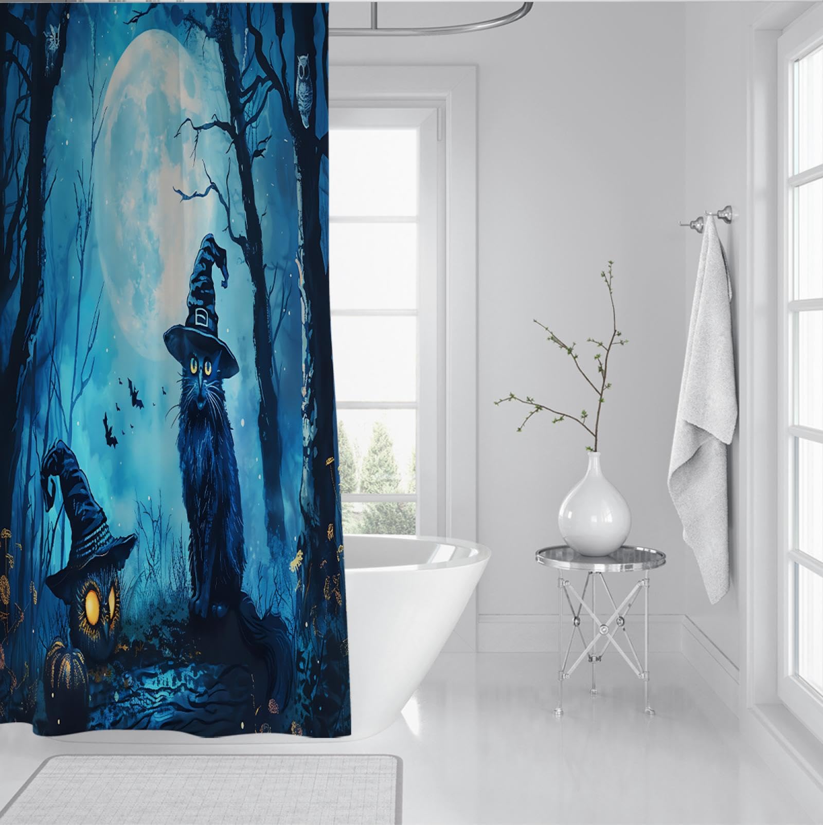 Halloween-Duschvorhang – Gruselige Hexe, Kürbis, Katze & Co. – 178 X 178 Cm – Rosa-schwarzes Design Für Badezimmer & Party
